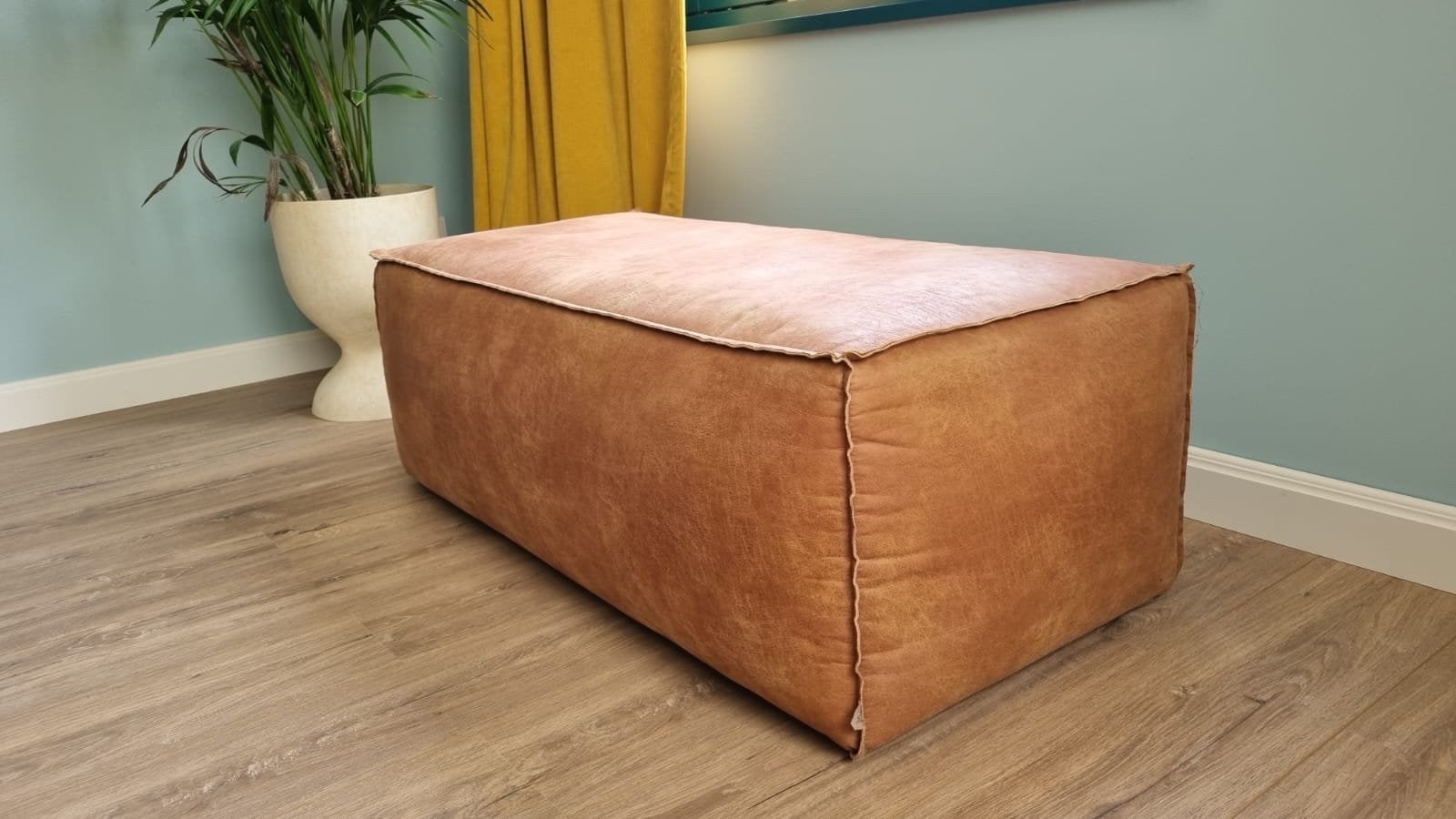 Leren poef cognac/bruin - industrieel en stoer, Ophalen, 50 tot 75 cm, Leer, Zo goed als nieuw