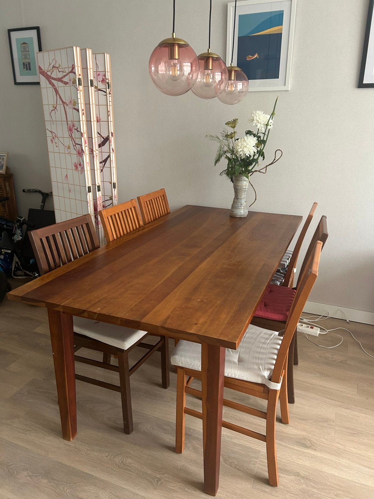 Kersenhouten eettafel 180x90 met 6 beukenhouten stoelen, Ophalen, Gebruikt, 4 tot 6 stoelen