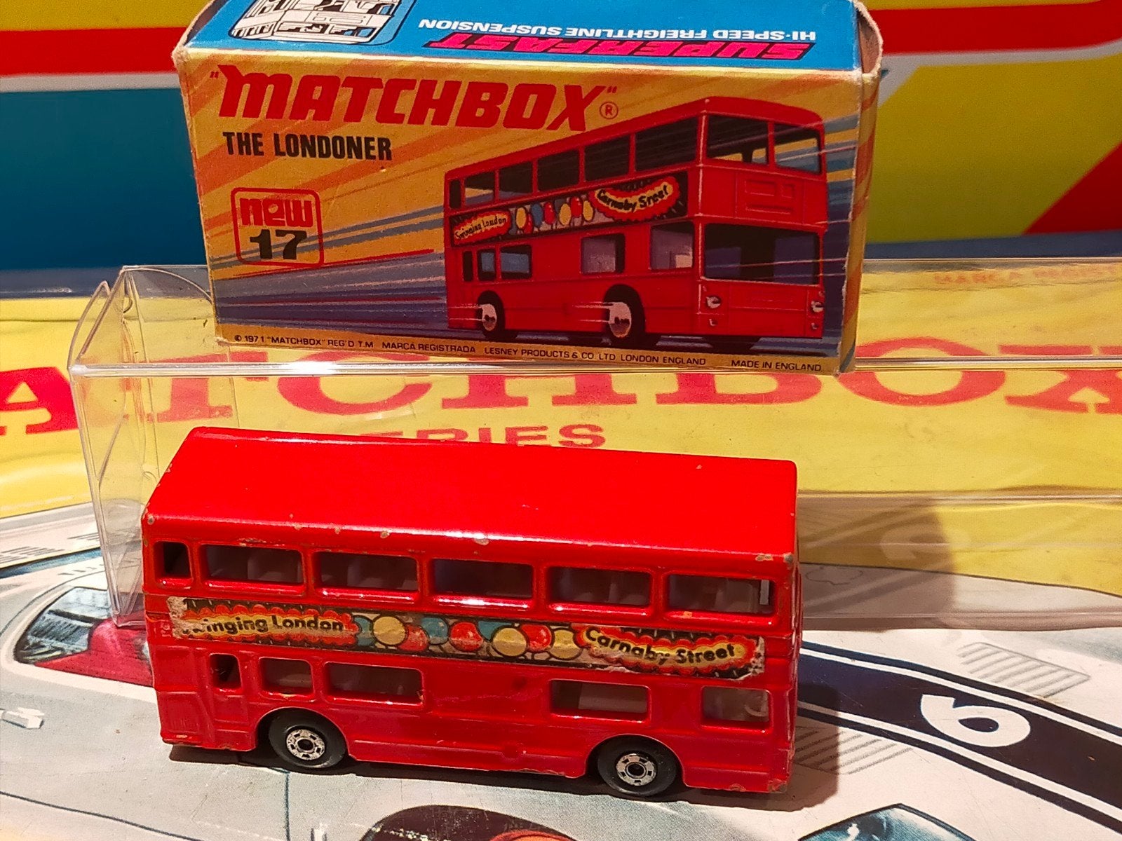 Lesney Matchbox MB 17 The Londoner Bus met doosjet, Hobby en Vrije tijd, Modelauto's | 1:87, Ophalen of Verzenden, Zo goed als nieuw