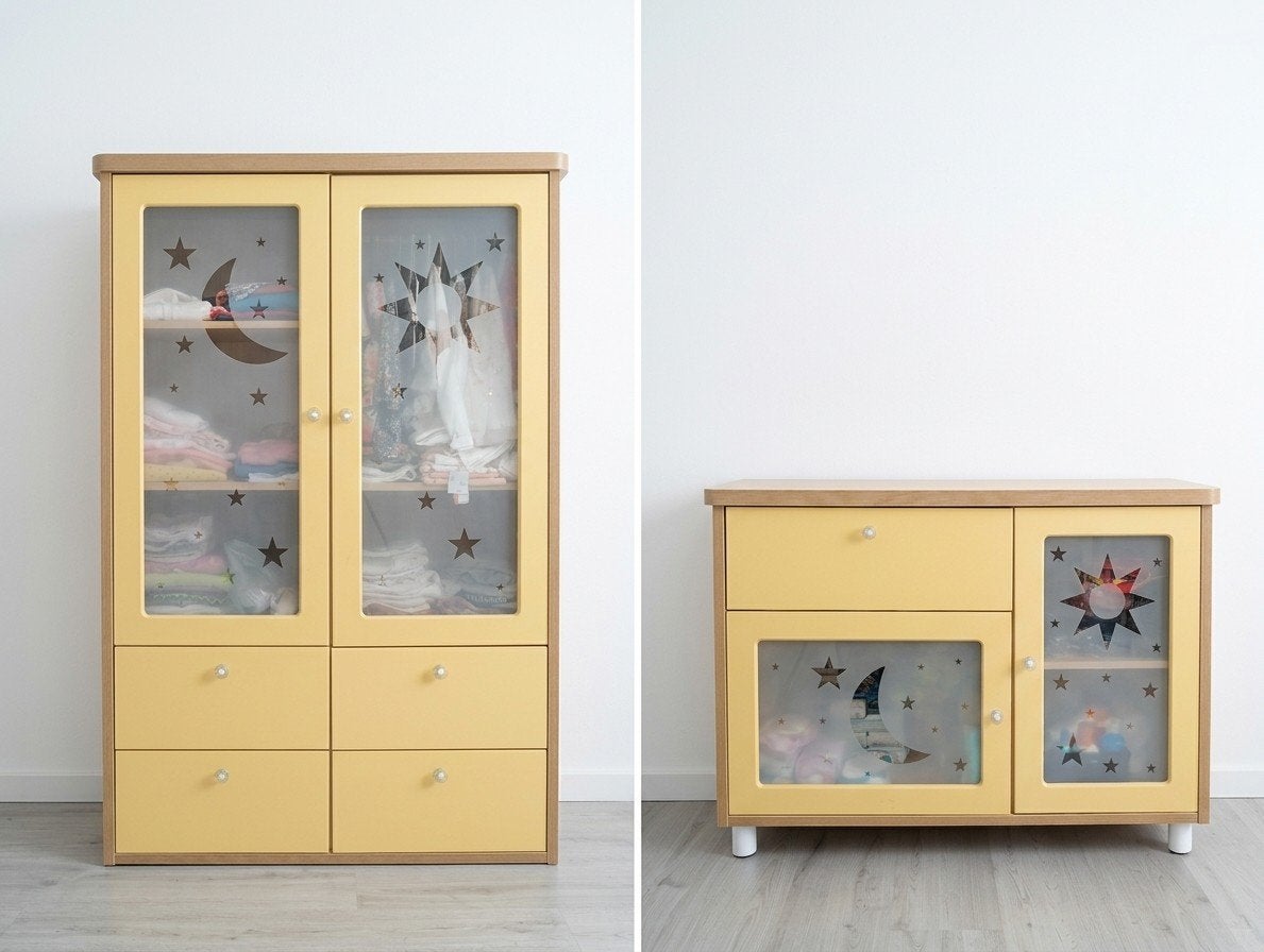 Commode en Kast Set - Geel met Sterren en Maan, Ophalen, Gebruikt, 50 tot 70 cm, 100 cm of meer