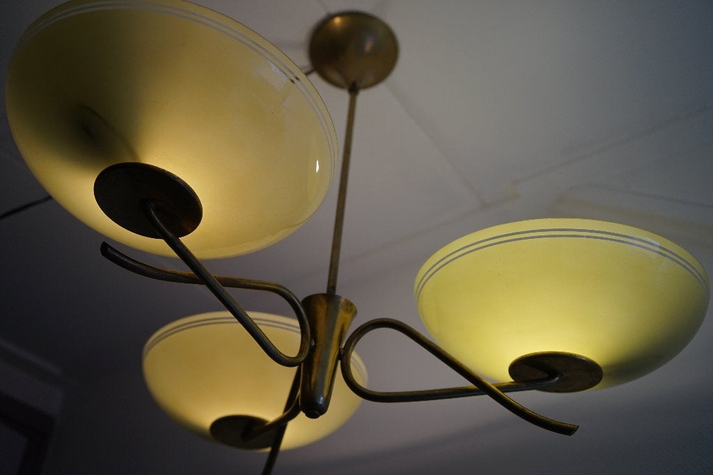 vintage art deco hanglamp 3 glazen schaal kap creme messing, Ophalen of Verzenden