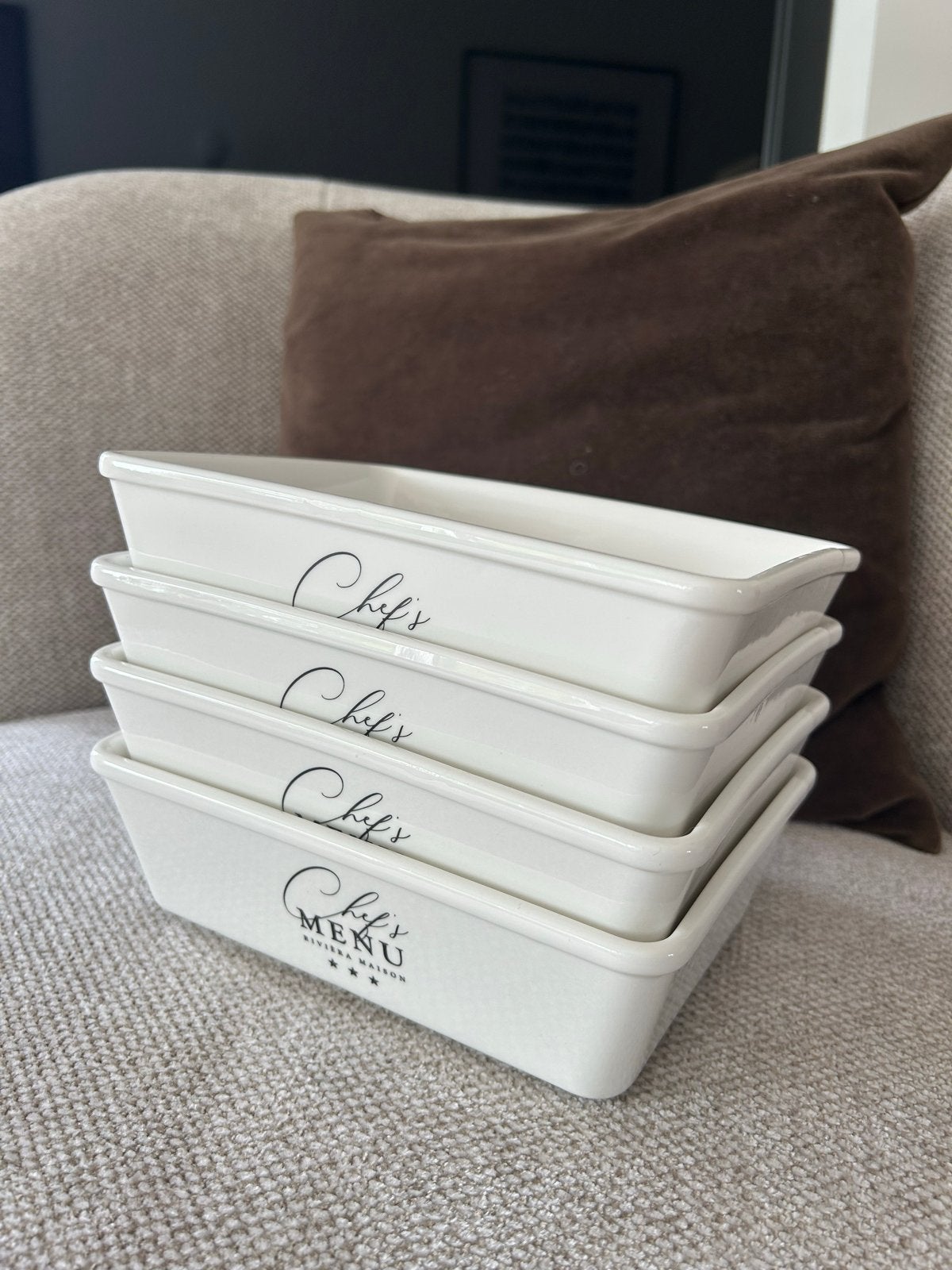 Riviera Maison Ovenschotel Chef's Menu - Set van 4, Overige typen, Ophalen of Verzenden, Zo goed als nieuw, Steen/keramiek