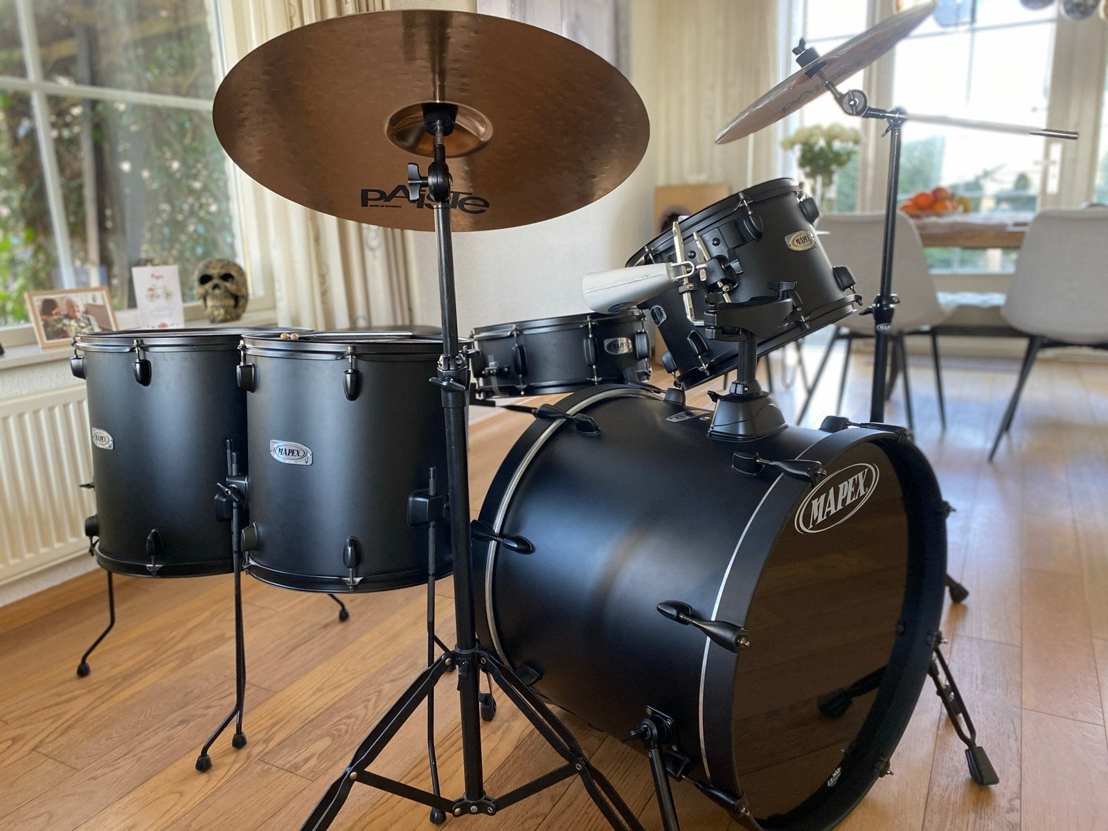Mapex drumstel mat zwart met optionele Paiste PST bekkens, Muziek en Instrumenten, Ophalen, Gebruikt, Overige merken