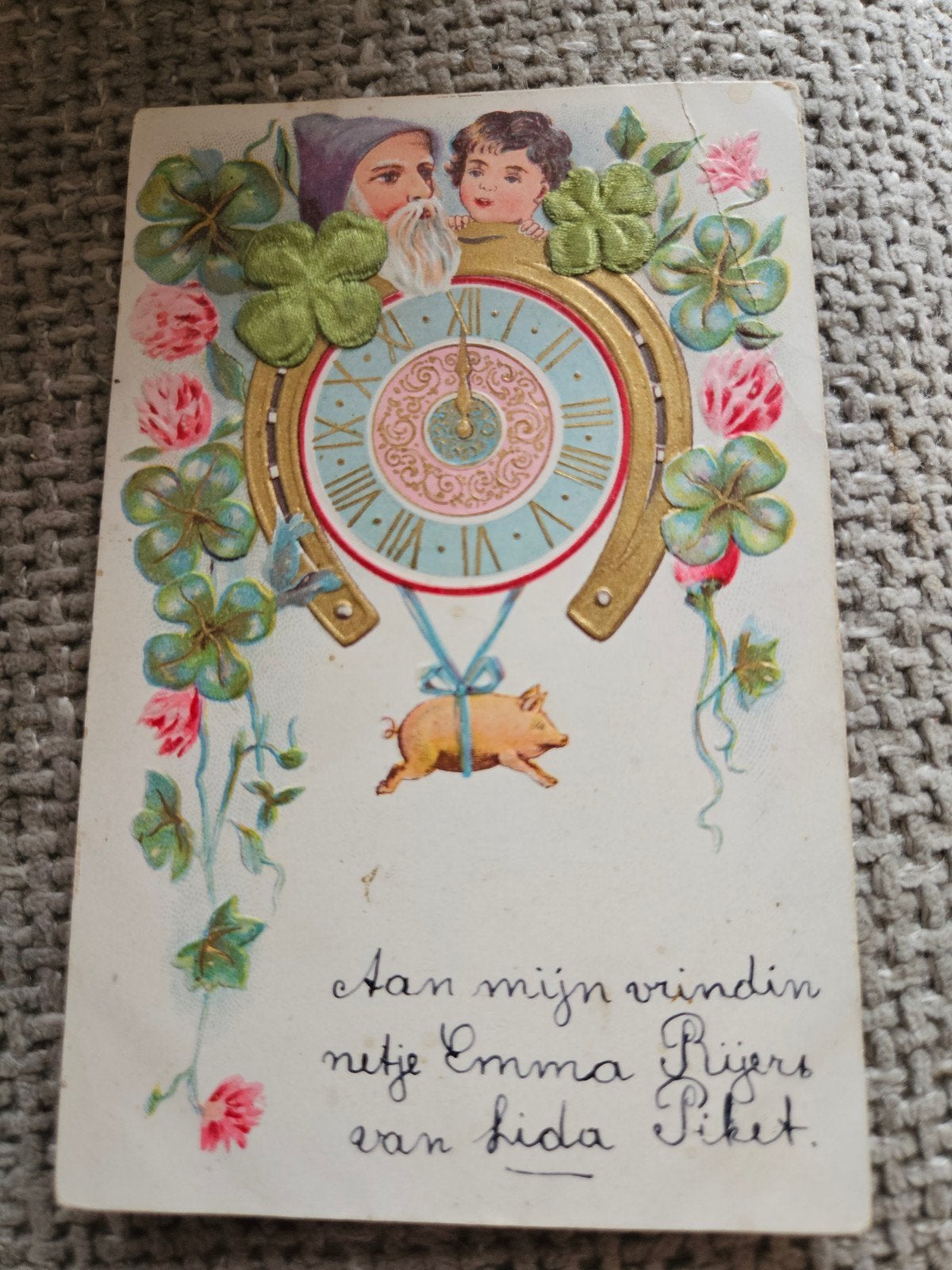 kerstman kind hoefijzer Gelukssymbolen, Ophalen of Verzenden, Voor 1920, Gelopen