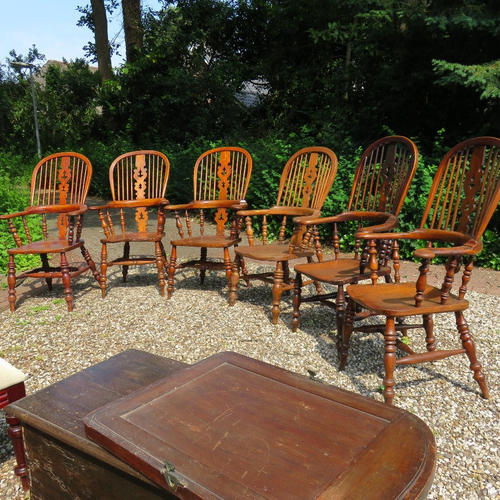 6 grote Engelse Antieke Massief houten Windsor stoelen, Antiek en Kunst, Antiek | Meubels | Stoelen en Banken, Ophalen