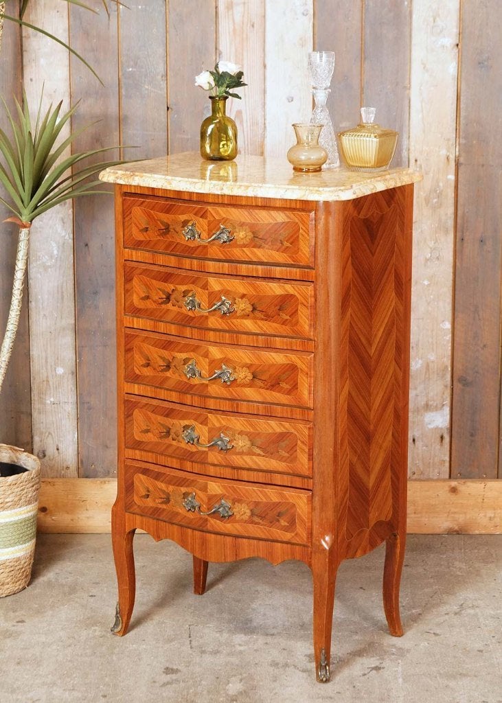 Oud sierlijk Louis XV-stijl ladekastje marqueterie marmer, Ophalen, Minder dan 50 cm, Gebruikt, --