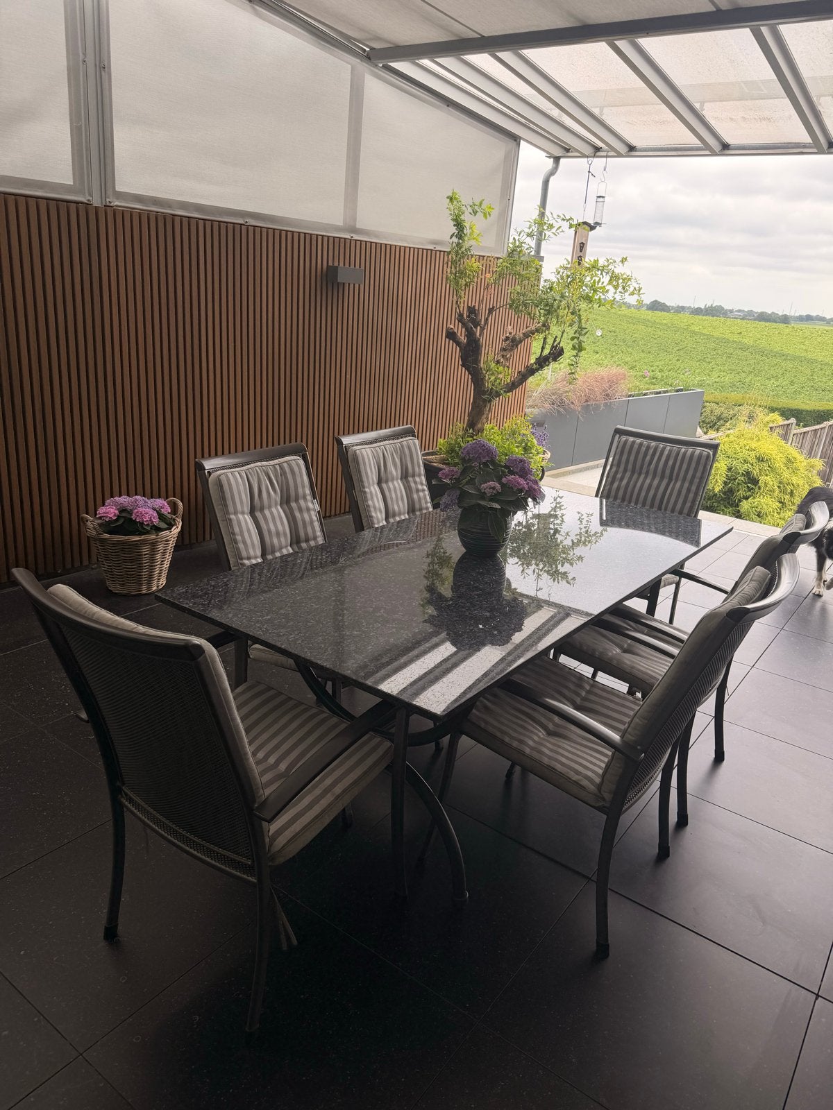 Prachtig tuinset met granieten blad en 6 stoelen, Tuin en Terras, Ophalen, Overige materialen, Gebruikt, Eettafel