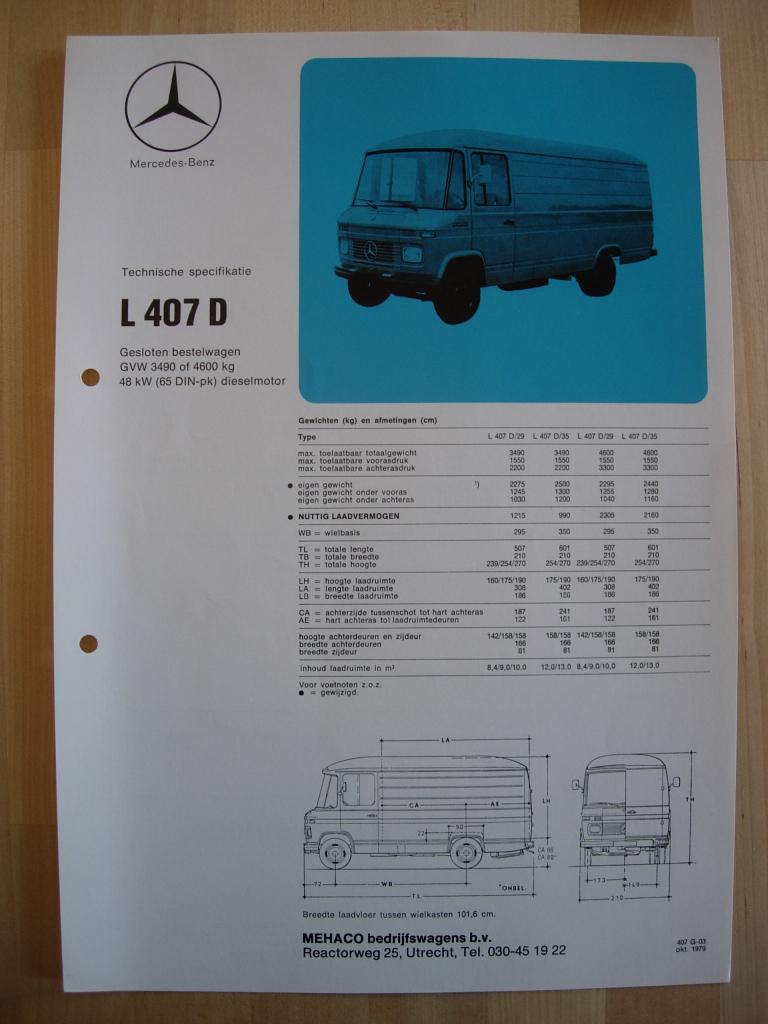 Mercedes 407D Technische Specificatie folder 1979 BG – 407 D, Zo goed als nieuw, Mercedes-Benz, Mercedes, Ophalen of Verzenden