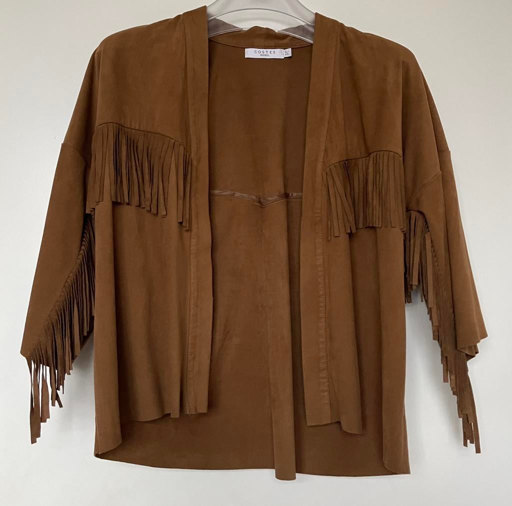 Suede jas bruin met franjes, Ophalen of Verzenden, Zo goed als nieuw, Maat 46/48 (XL) of groter, Bruin