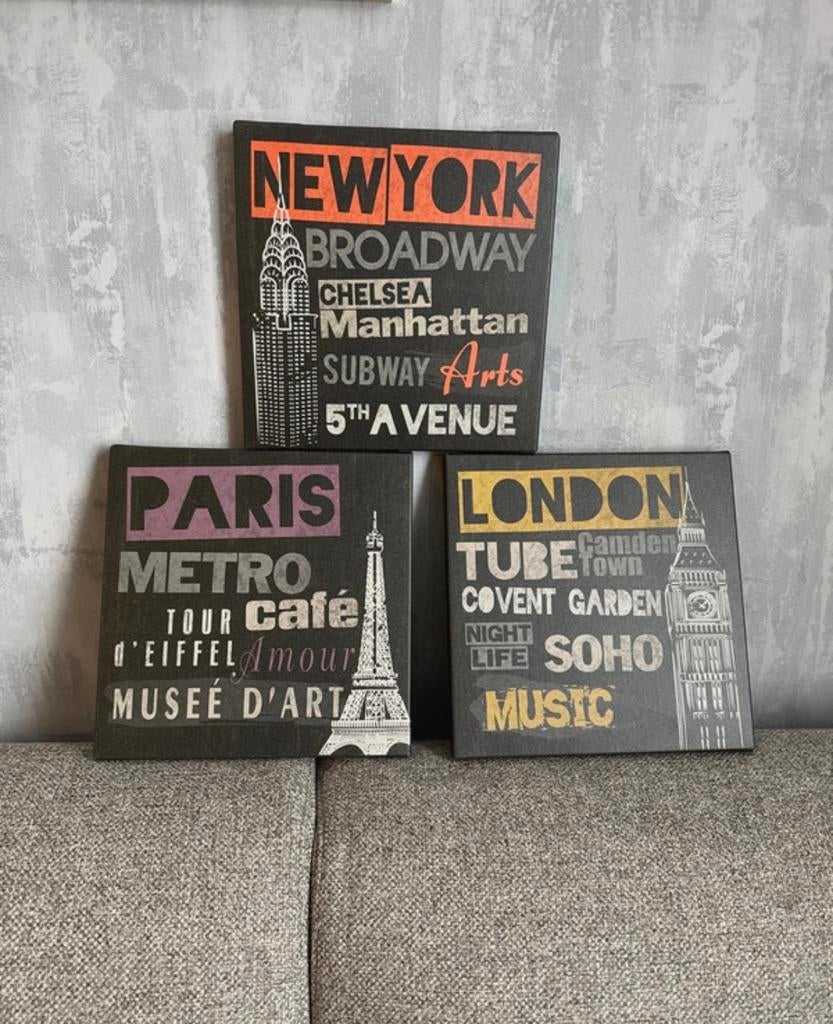 Set van 3 stadsposters: New York, Parijs, Londen, Huis en Inrichting, Woonaccessoires | Schilderijen, Tekeningen en Foto's, Ophalen of Verzenden