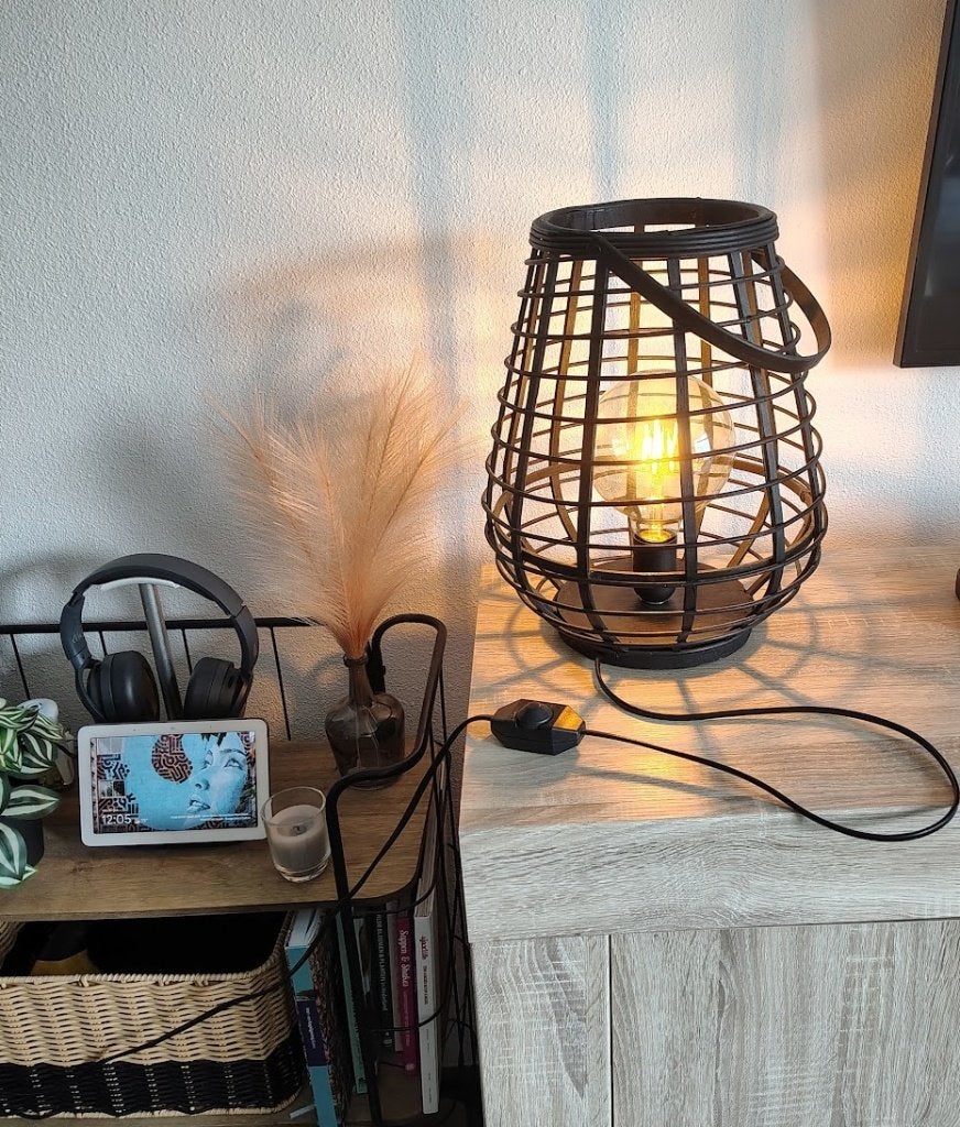 Zwarte bamboe tafellamp met dimmer en lamp, Ophalen, Overige typen, Inclusief lichtbron, E27 (groot)