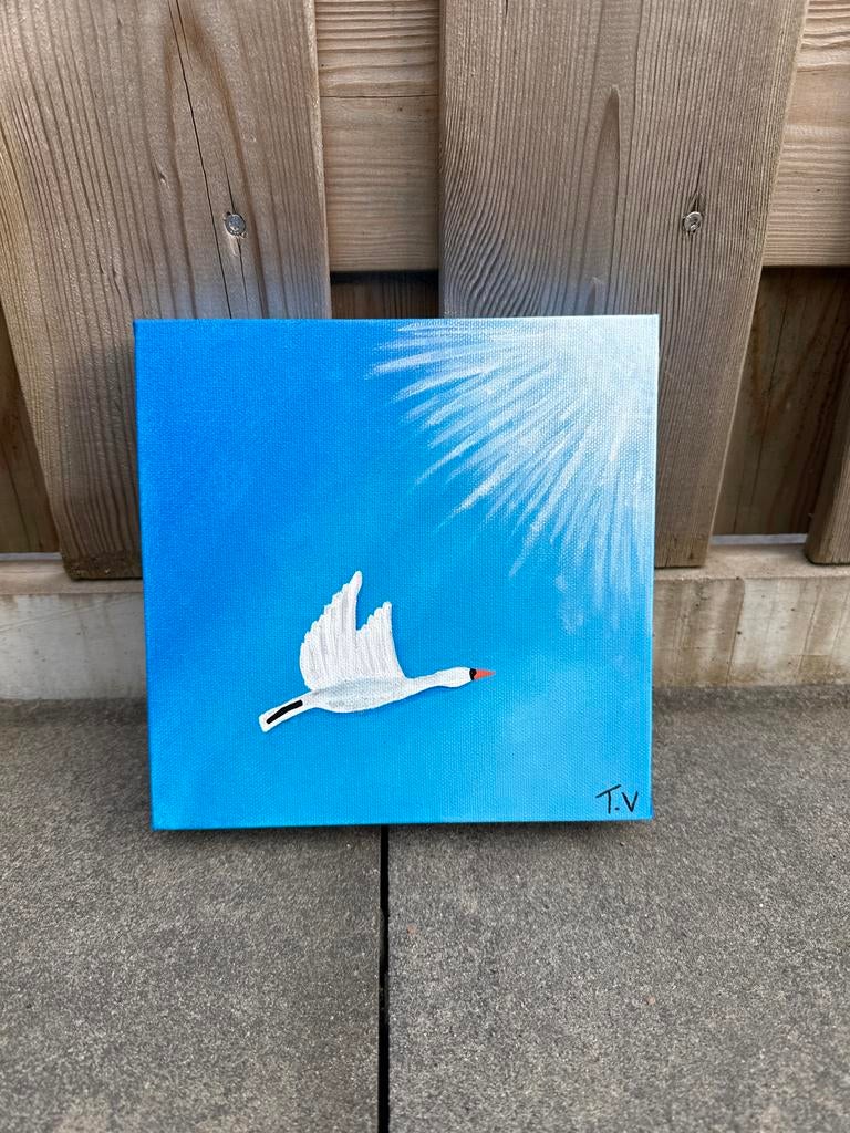 Schilderij vliegende zwaan in blauwe lucht, Antiek en Kunst, Kunst | Schilderijen | Modern, Ophalen of Verzenden