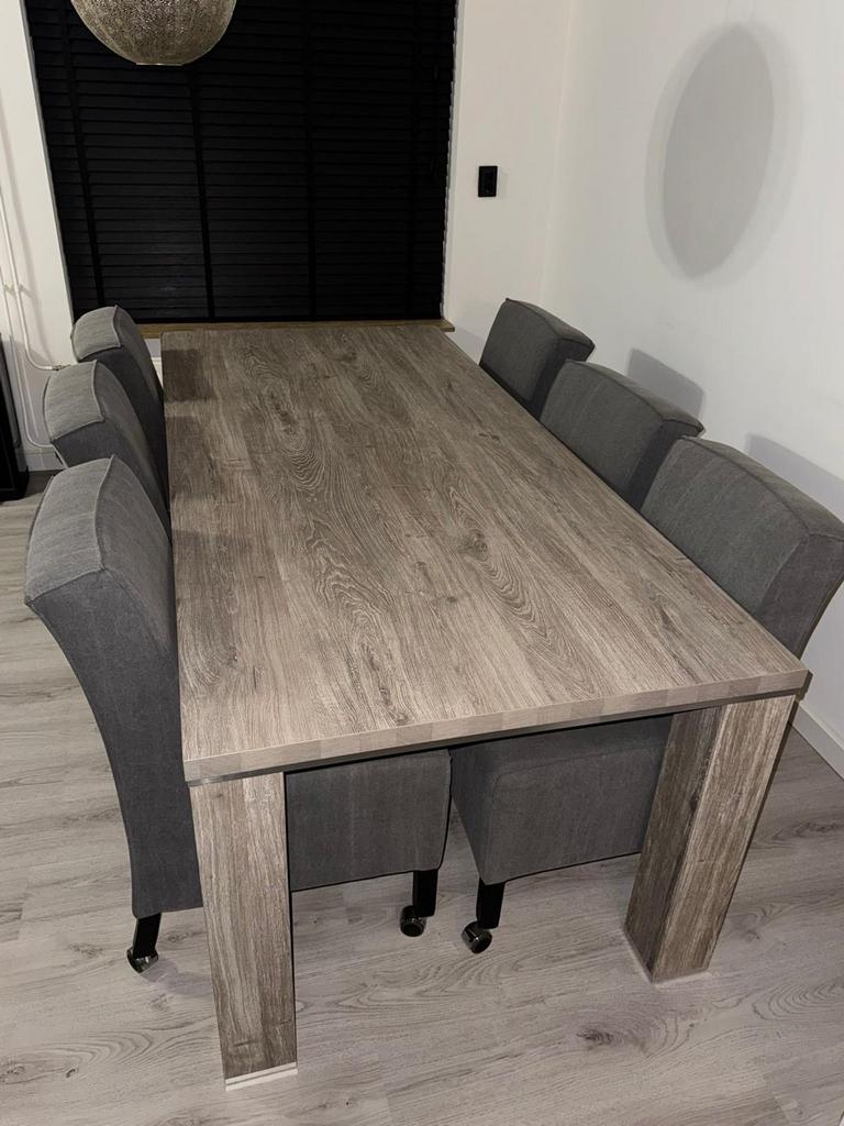 Houten eettafel met vierkante poten + 6 stoelen, Ophalen, Gebruikt, 50 tot 100 cm, 150 tot 200 cm