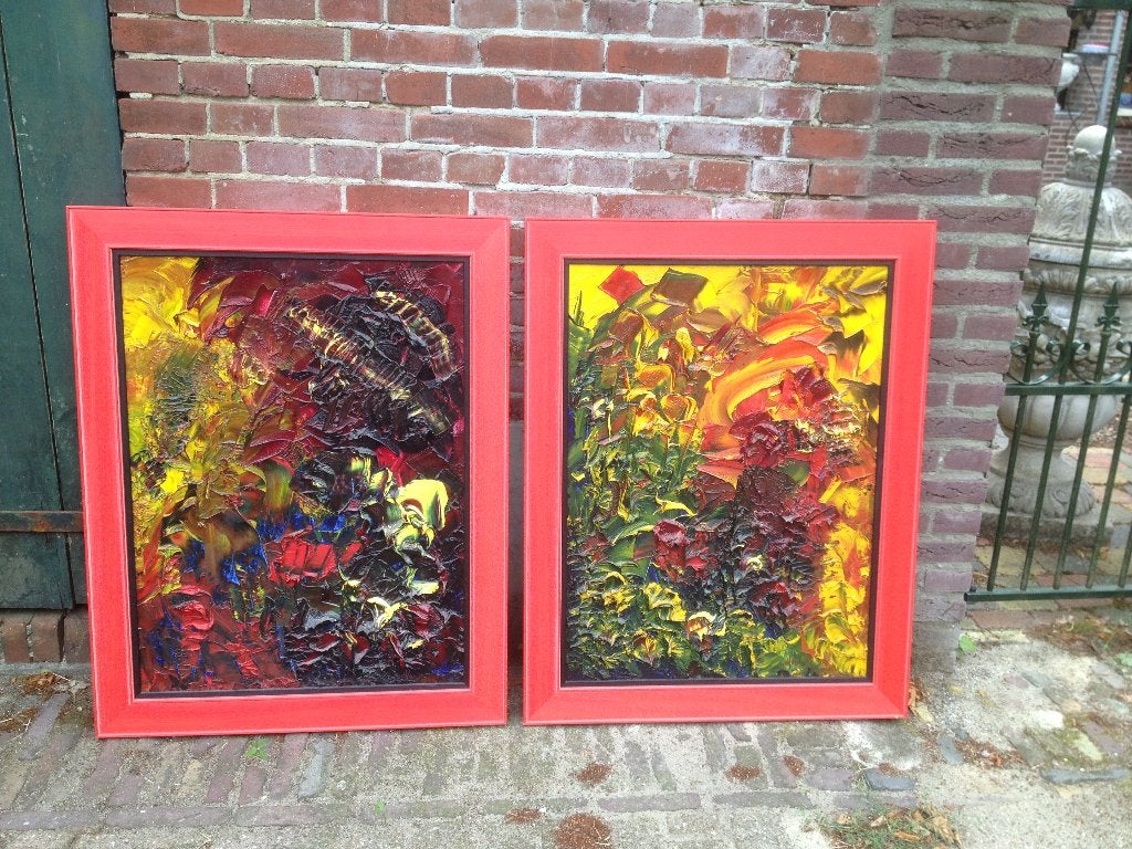 2x (pendanten) abstracte schilderijen, Ed Vard., Antiek en Kunst, Ophalen
