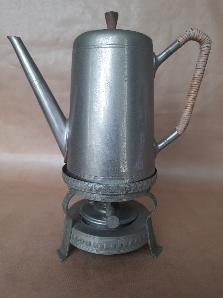 Prachtige vintage tinnen koffiekan met rechaud, Antiek en Kunst, Ophalen