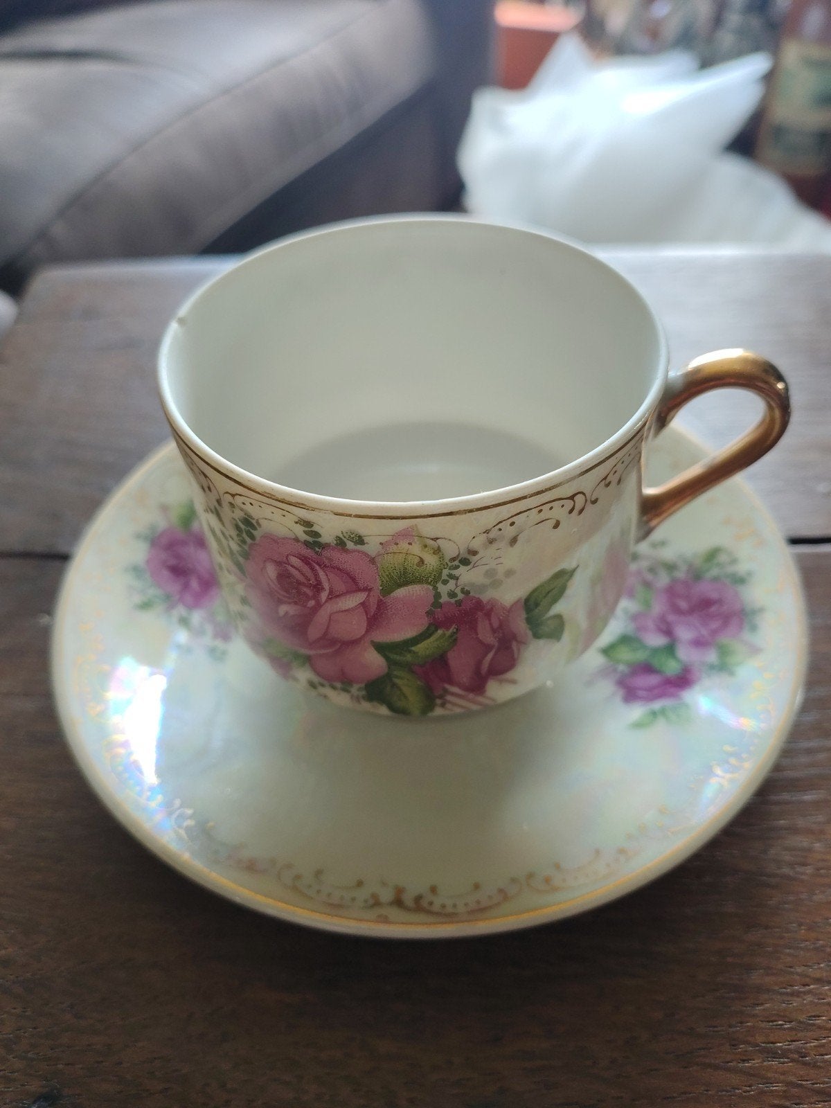 Vintage Porseleinen Kop & Schotel - Roze Rozen & Goud, Ophalen of Verzenden