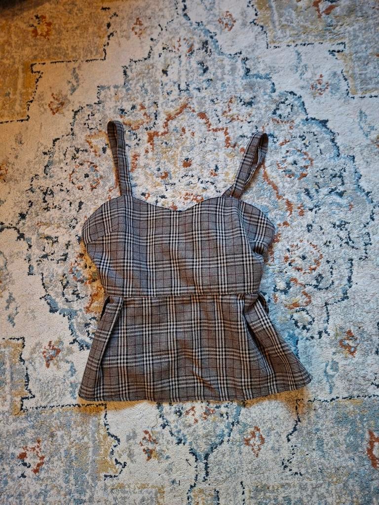 Geruite Peplum Top met Spaghettibandjes (vintage), Kleding | Dames, Tops, Zo goed als nieuw, Maat 36 (S), Grijs, Zonder mouw, Ophalen of Verzenden