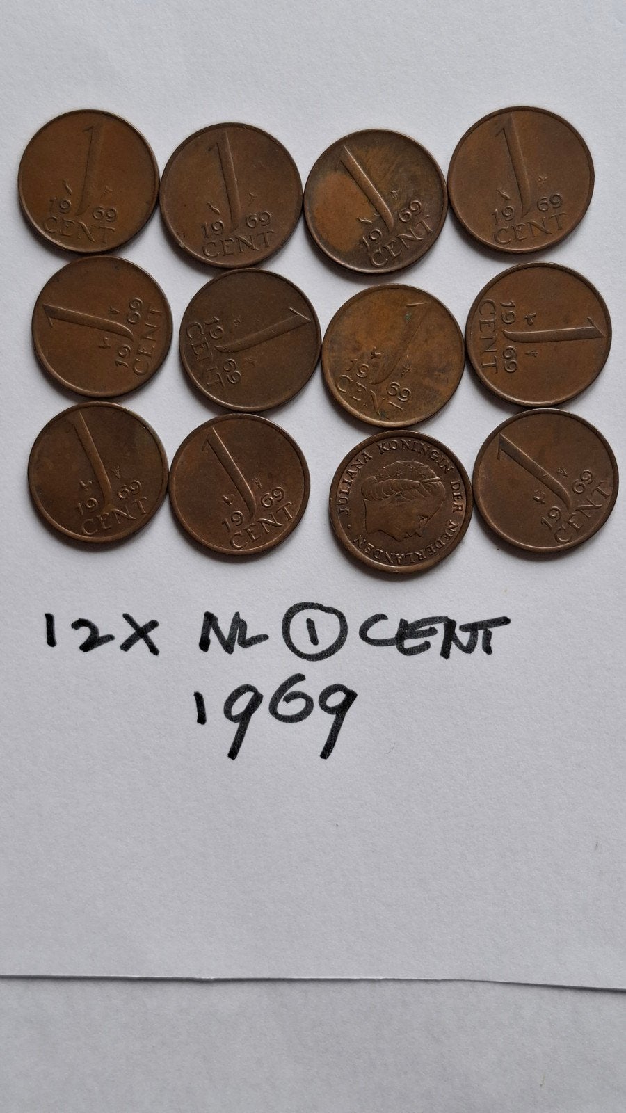 Oude munten: 12x Nederland 1 cent 1969, Ophalen of Verzenden
