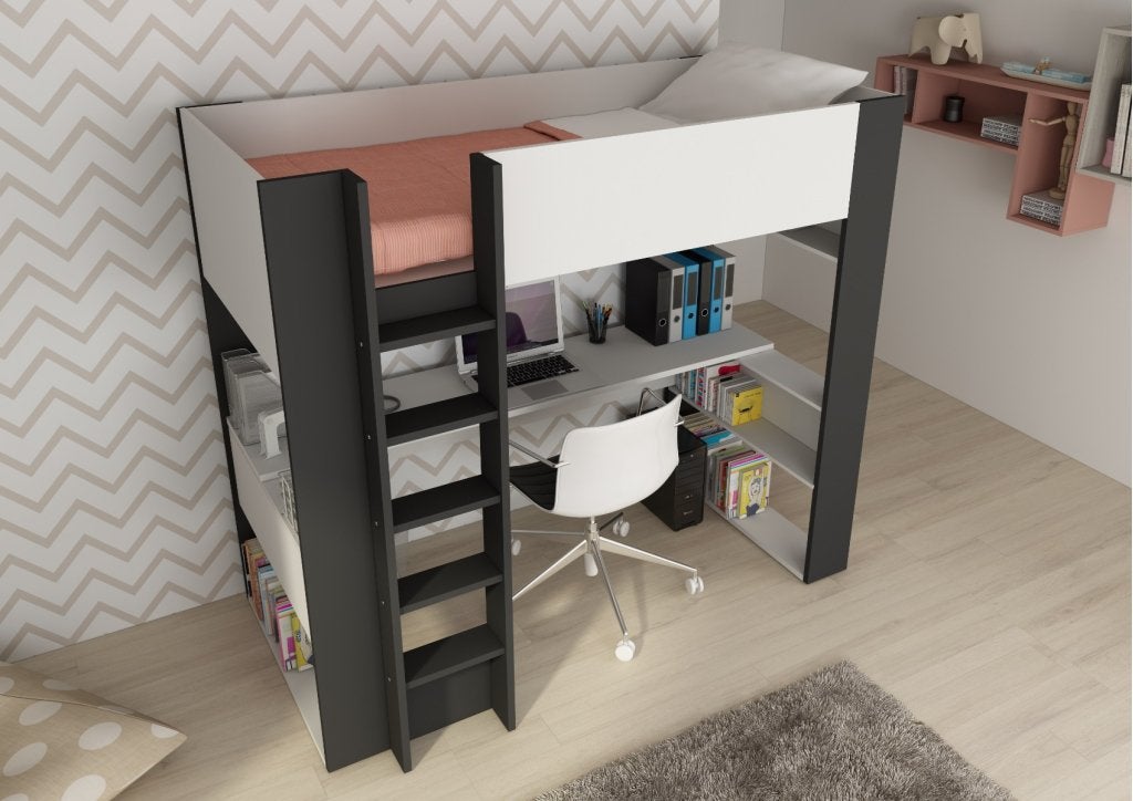 Twist hoogslaper met bureau - 90x200 - Wit met antraciet, Niet ingevuld, Niet ingevuld, Nieuw, Ophalen of Verzenden