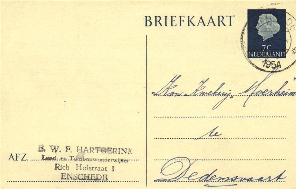 B.W.F. Hartgerink, Enschede - 01.1954 - briefkaart, Ophalen of Verzenden, Briefkaart