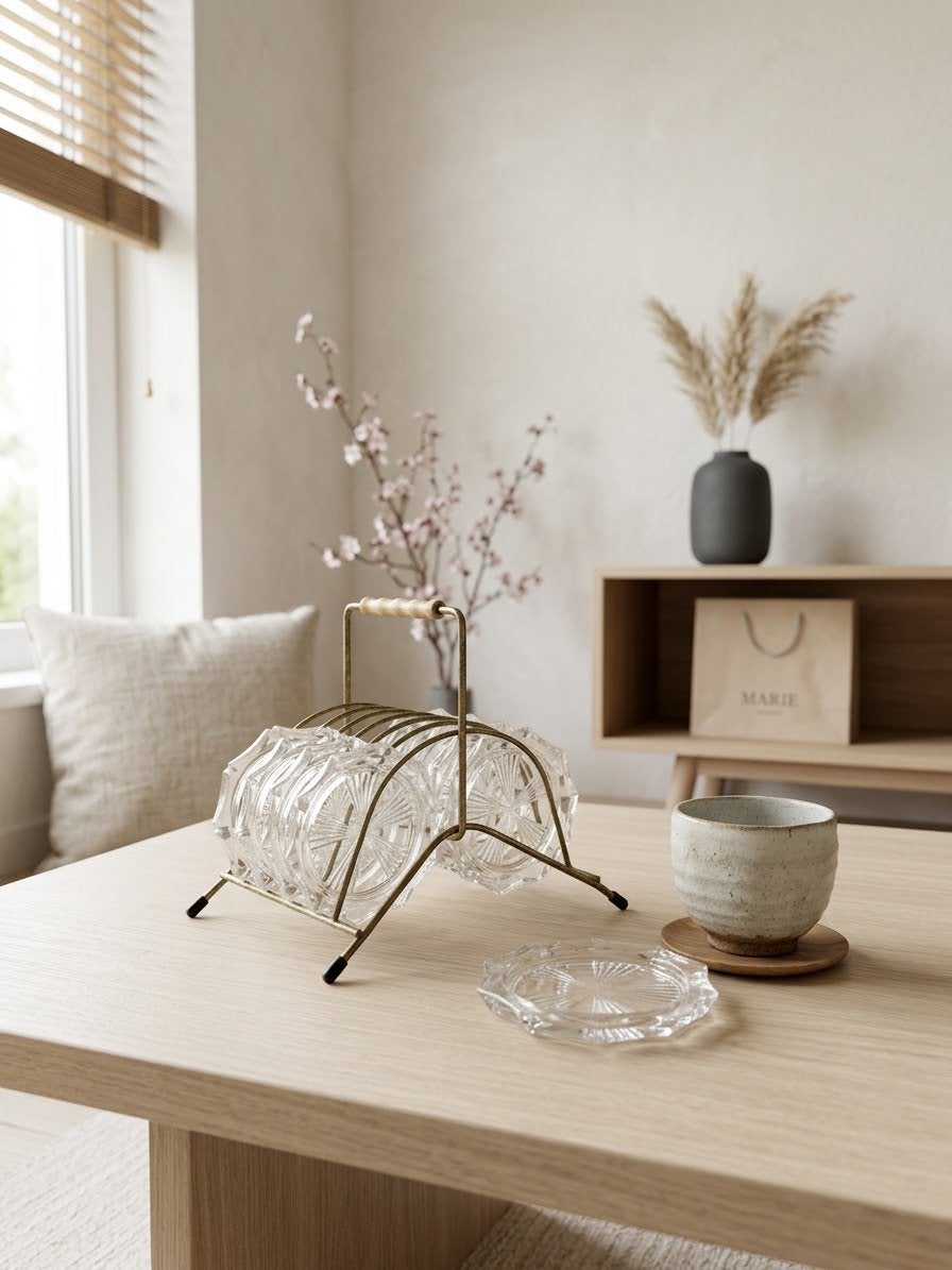 Vintage glazen onderzetters in metalen houder, Antiek en Kunst, Ophalen of Verzenden