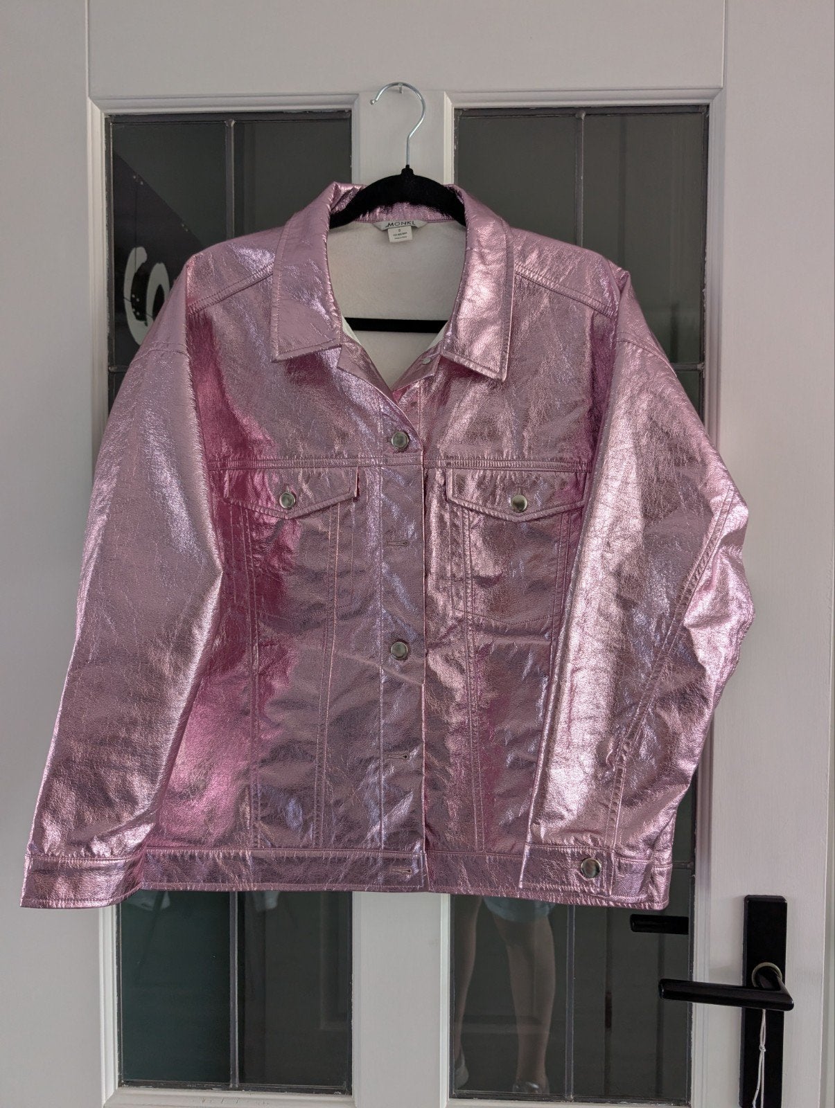 Monki Roze Metallic Denim Jasje Maat S, Ophalen of Verzenden, Zo goed als nieuw, Monki, Roze