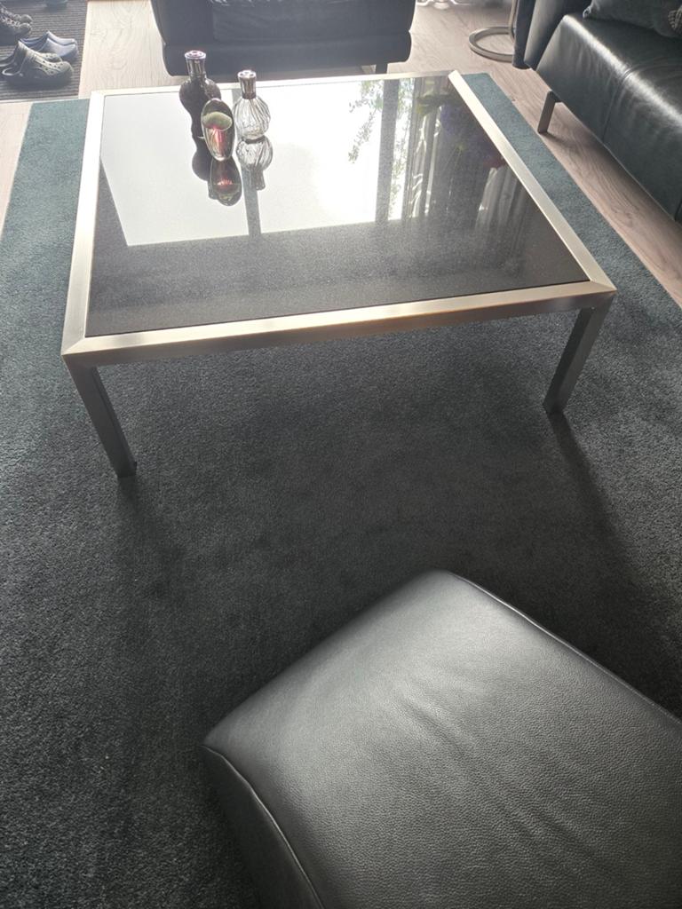 Salontafel composiet blad, RVS onderstel 110x110x38 cm, Ophalen, Gebruikt, Overige materialen, Vierkant