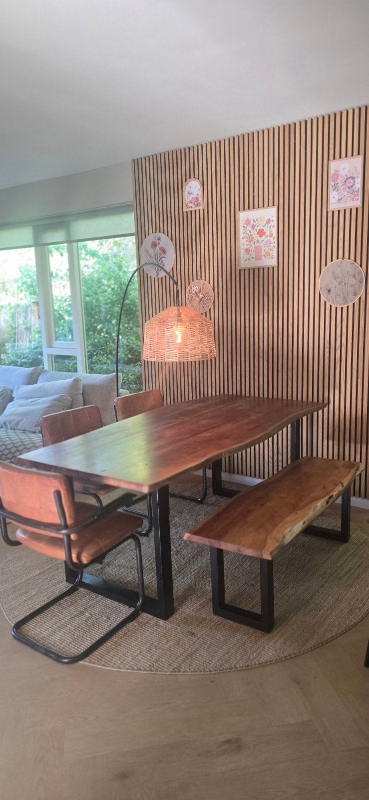 Eettafel 2m met leren stoelen, bankje en metalen poten, Ophalen, Rechthoekig, 200 cm of meer, 50 tot 100 cm