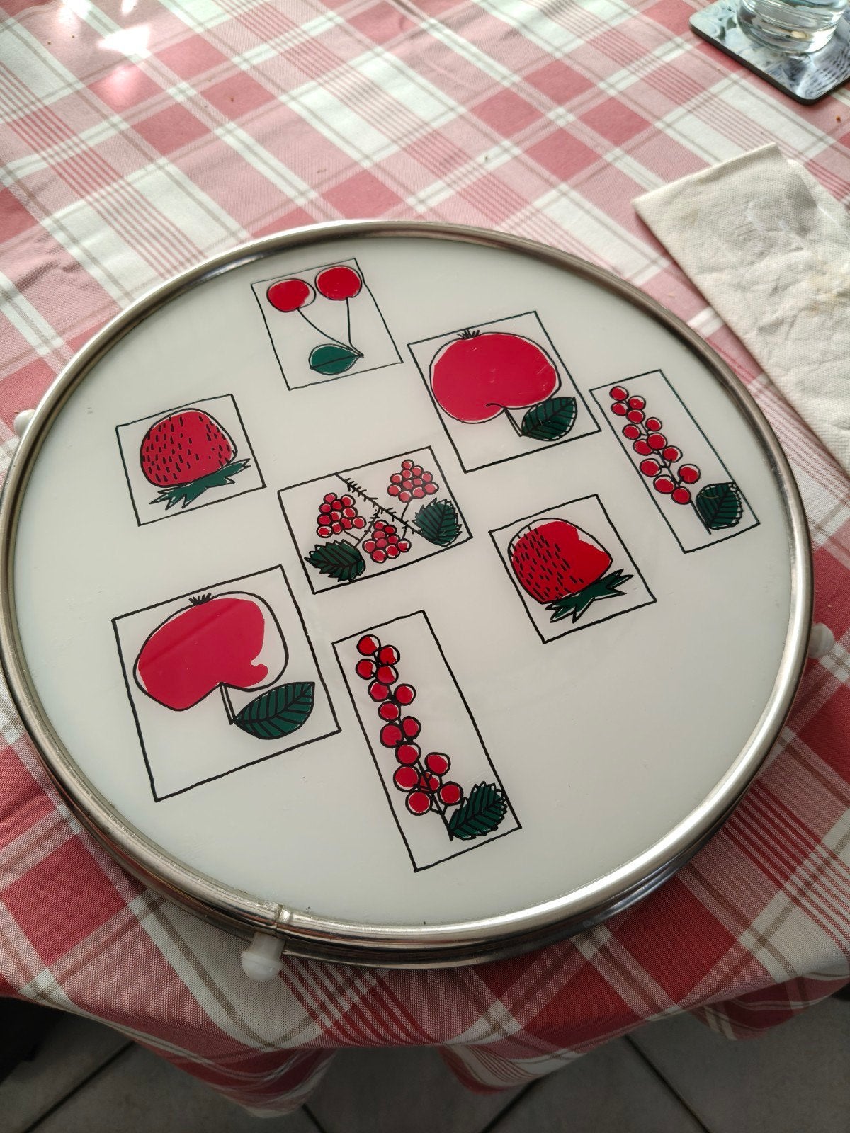 Vintage onderzetter/draaiplateau met fruitmotief, Huis en Inrichting, Ophalen, Gebruikt, Rond, Metaal