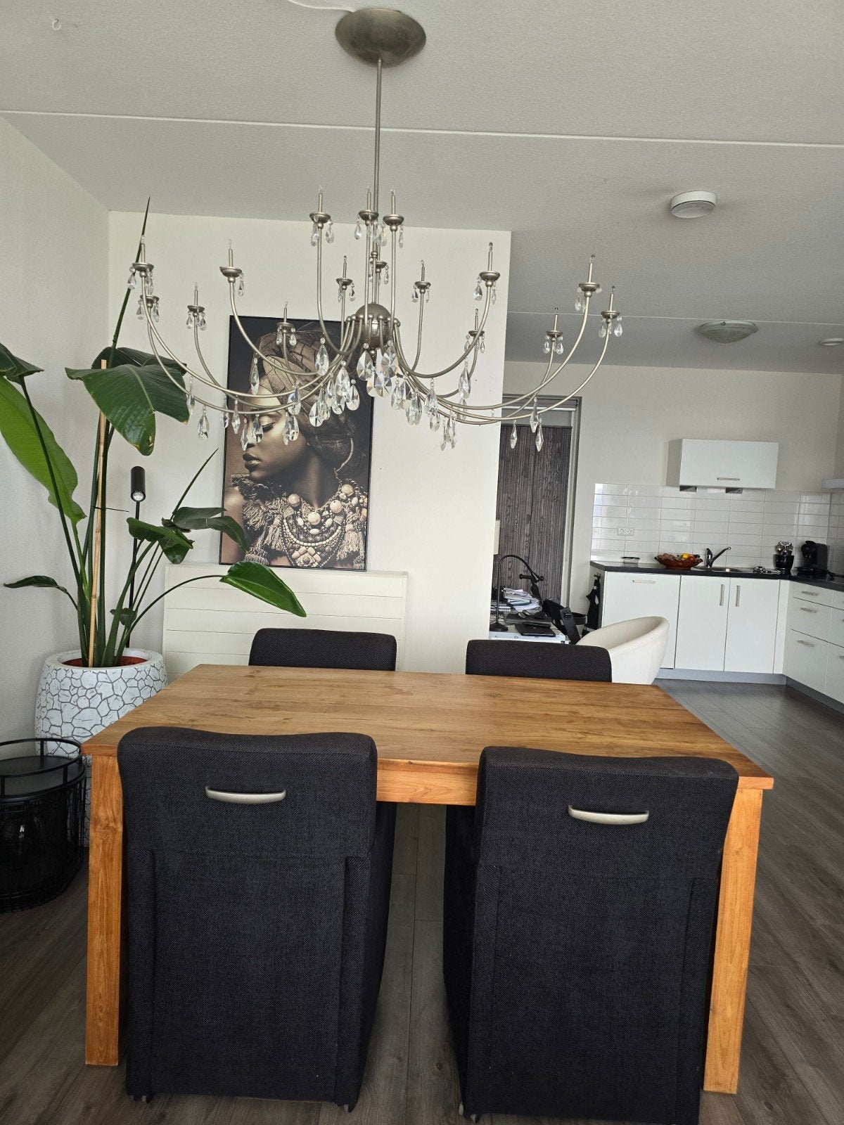 Eethoek: Eiken tafel met 4 zwarte fauteul eetstoelen, Ophalen, Eenpersoons, Zo goed als nieuw, 120 cm