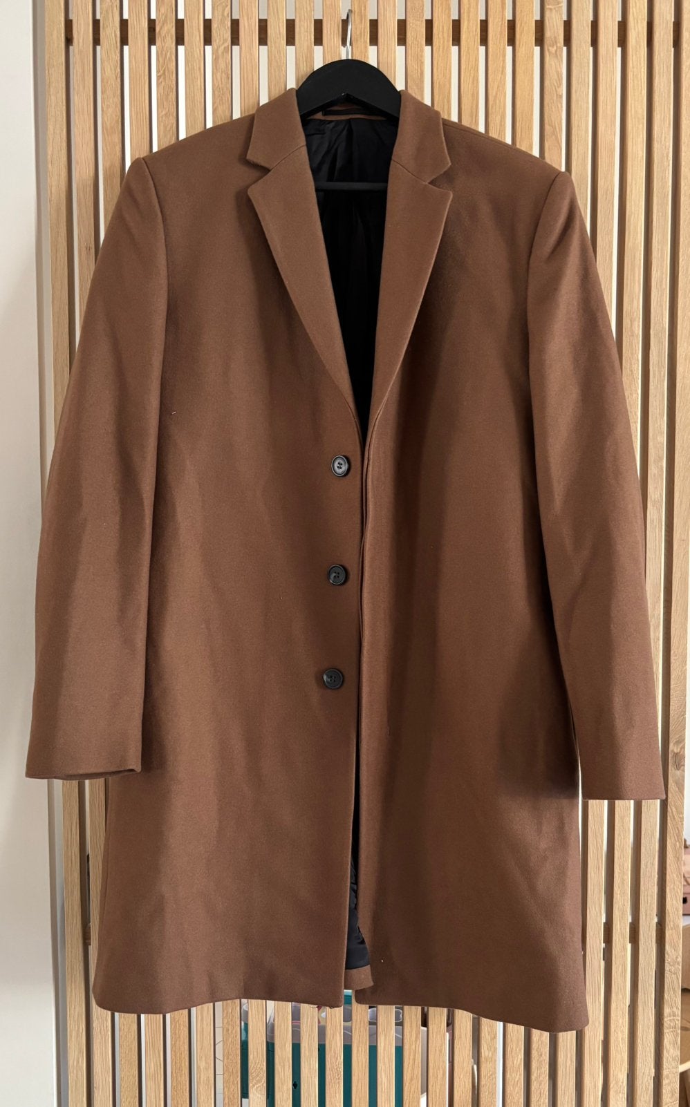Stijlvolle donkerbruine wollen COS coat jas - Maat 48M, Ophalen of Verzenden, Gedragen, Maat 48/50 (M), Bruin