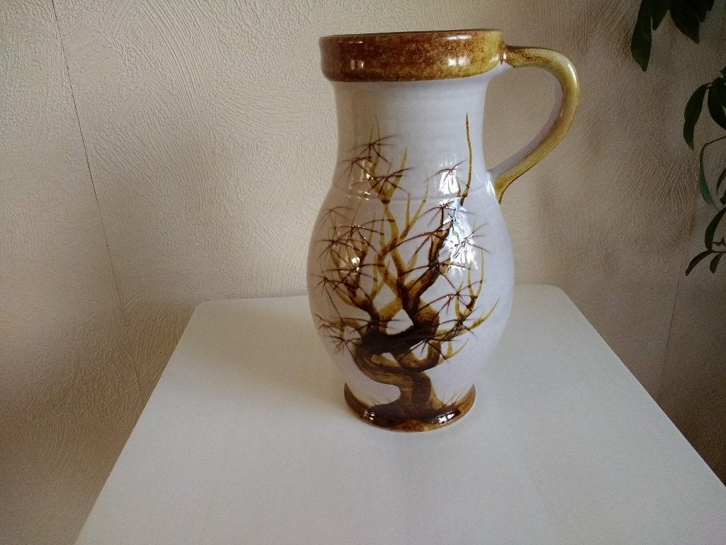 Scheurich vaas, kan met oor met boom decoratie grijs bruin, Overige kleuren, Aardewerk of Porselein, Ophalen of Verzenden, Zo goed als nieuw