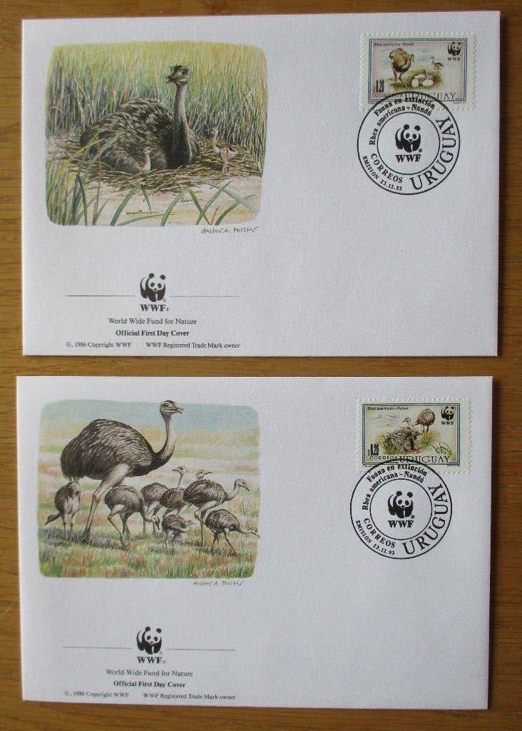 Uruguay, WWF serie FDC's Nandoe, 1993, Verzenden, Gestempeld, Dier of Natuur