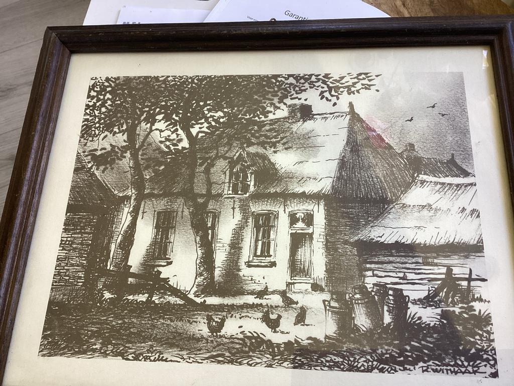 Ingelijste tekening boerderij R. Withaar 25x18, Antiek en Kunst, Kunst | Tekeningen en Foto's, Ophalen of Verzenden