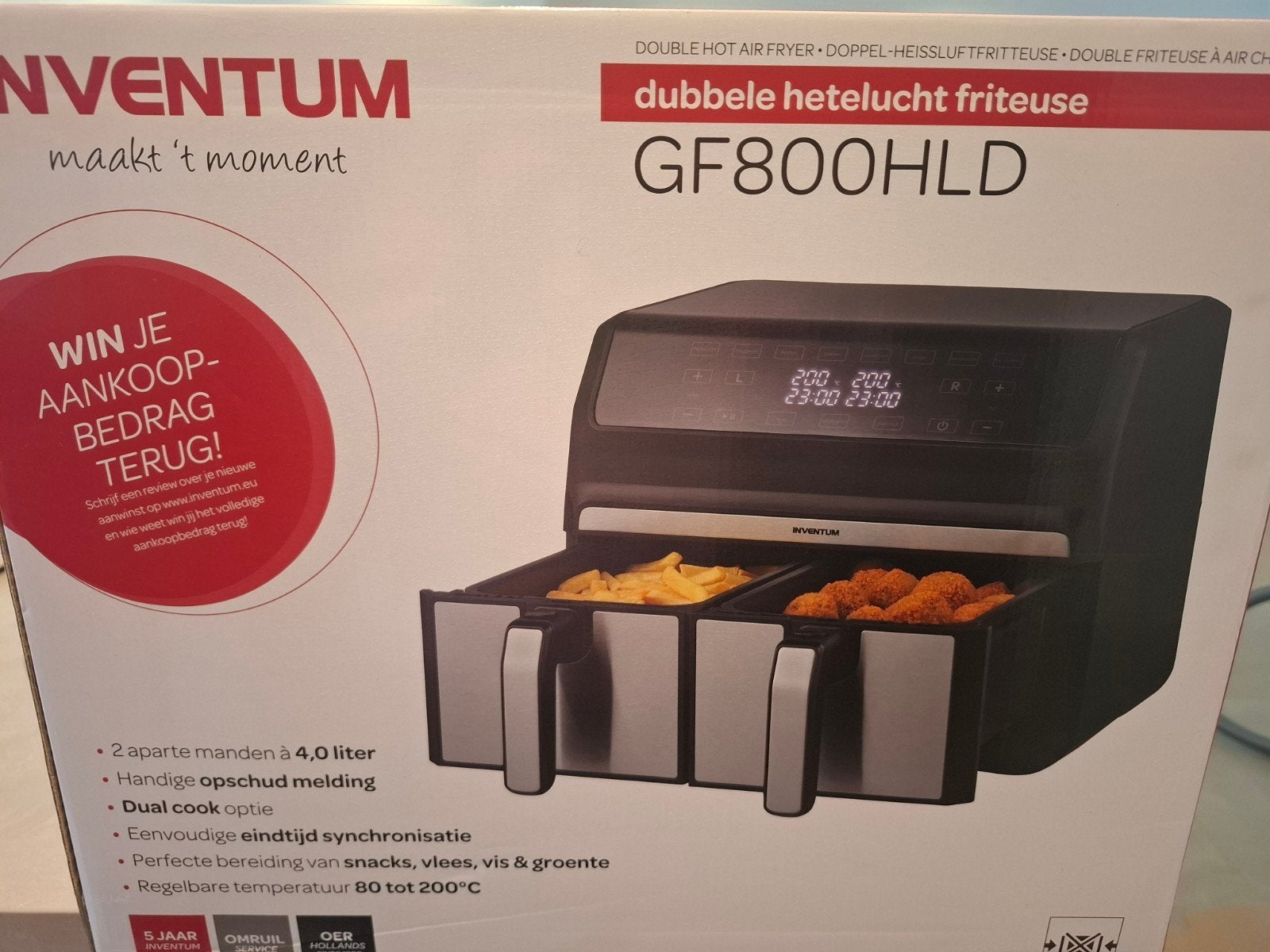 Inventum GF800HLD Dubbele Hetelucht Friteuse - 2x 4L, Witgoed en Apparatuur, Frituurpannen, 4 liter of meer, Ophalen, Nieuw, Duo-friteuse