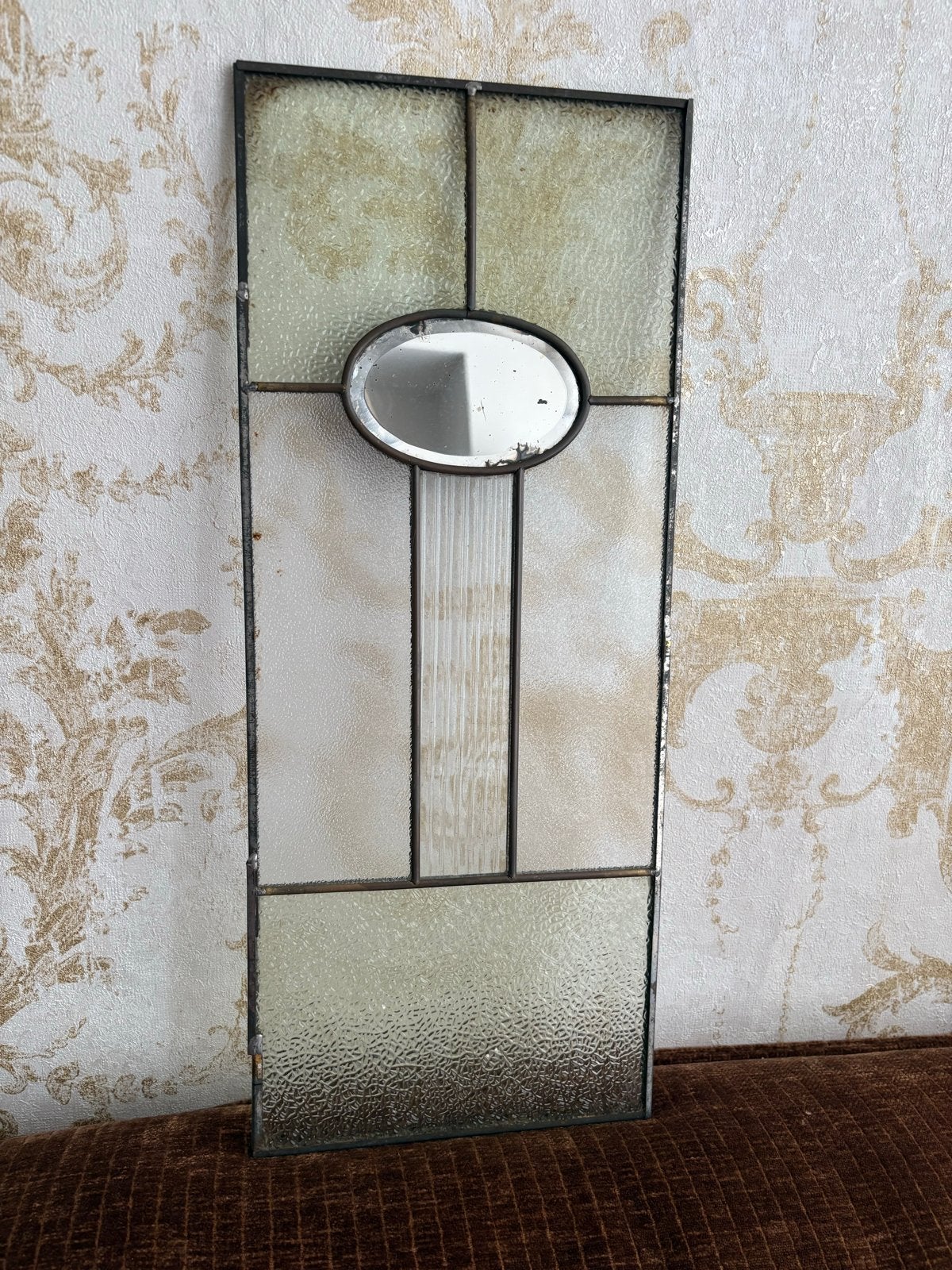 Vintage glas-in-lood paneel met spiegel, Antiek en Kunst, Verzenden, Rechthoekig, Minder dan 50 cm, 100 tot 150 cm