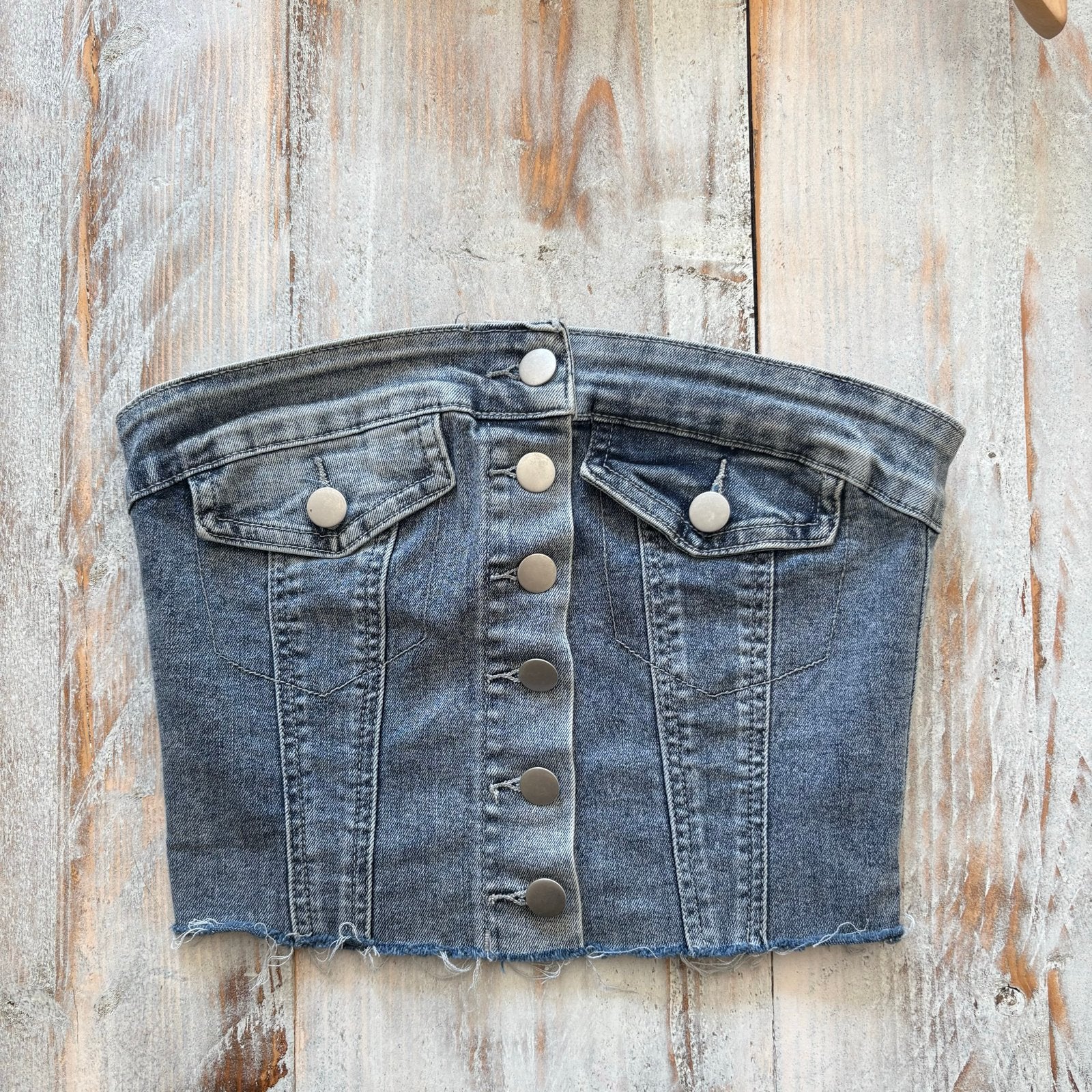 Trendy spijkerbandeau top - Maat S, Kleding | Dames, Tops, Zo goed als nieuw, Verzenden, Blauw, Maat 36 (S)