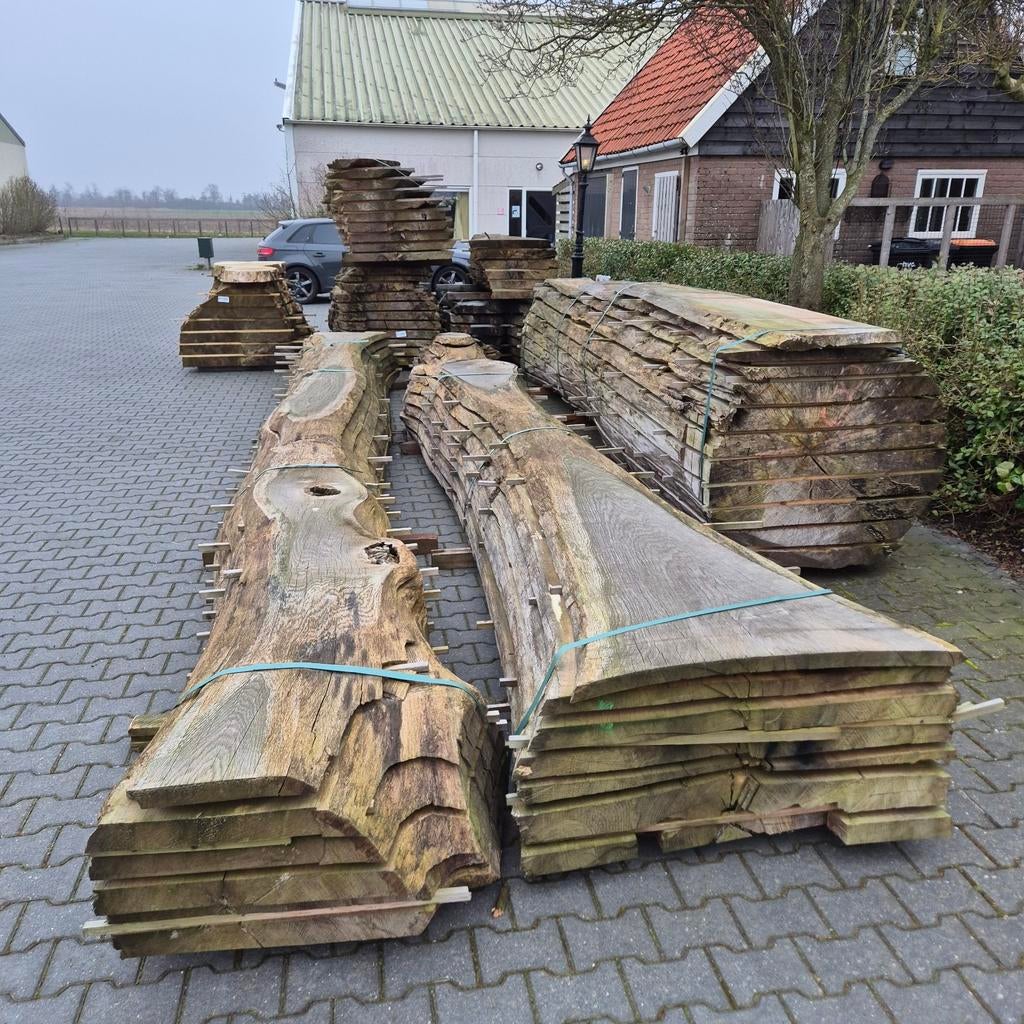Grote partij overjarige boomstamplanken en bladen, Ophalen, Overige houtsoorten, 50 mm of meer, Plank