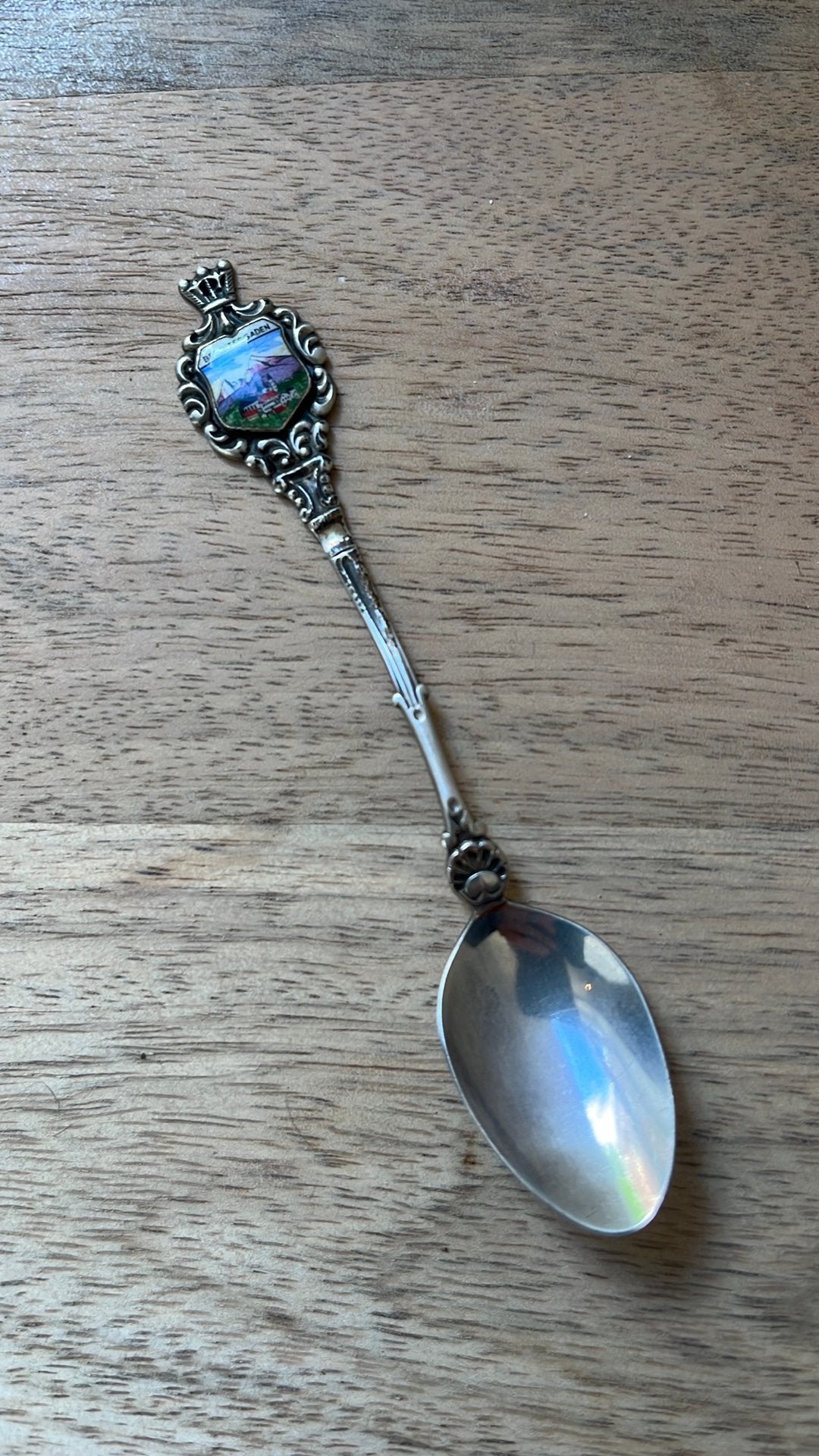 Antieke zilveren lepel met emaille decoratie - Baden, Ophalen of Verzenden