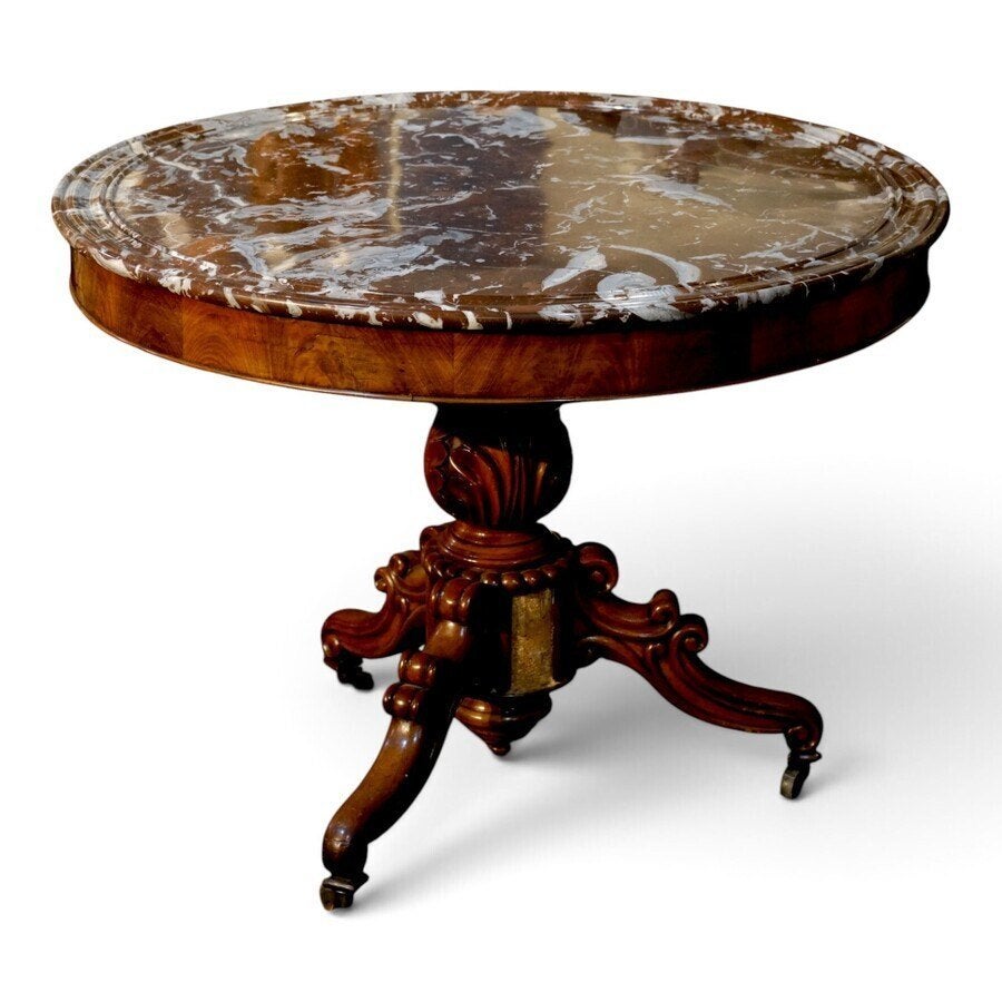 Ronde mahonie salontafel met rood marmeren blad