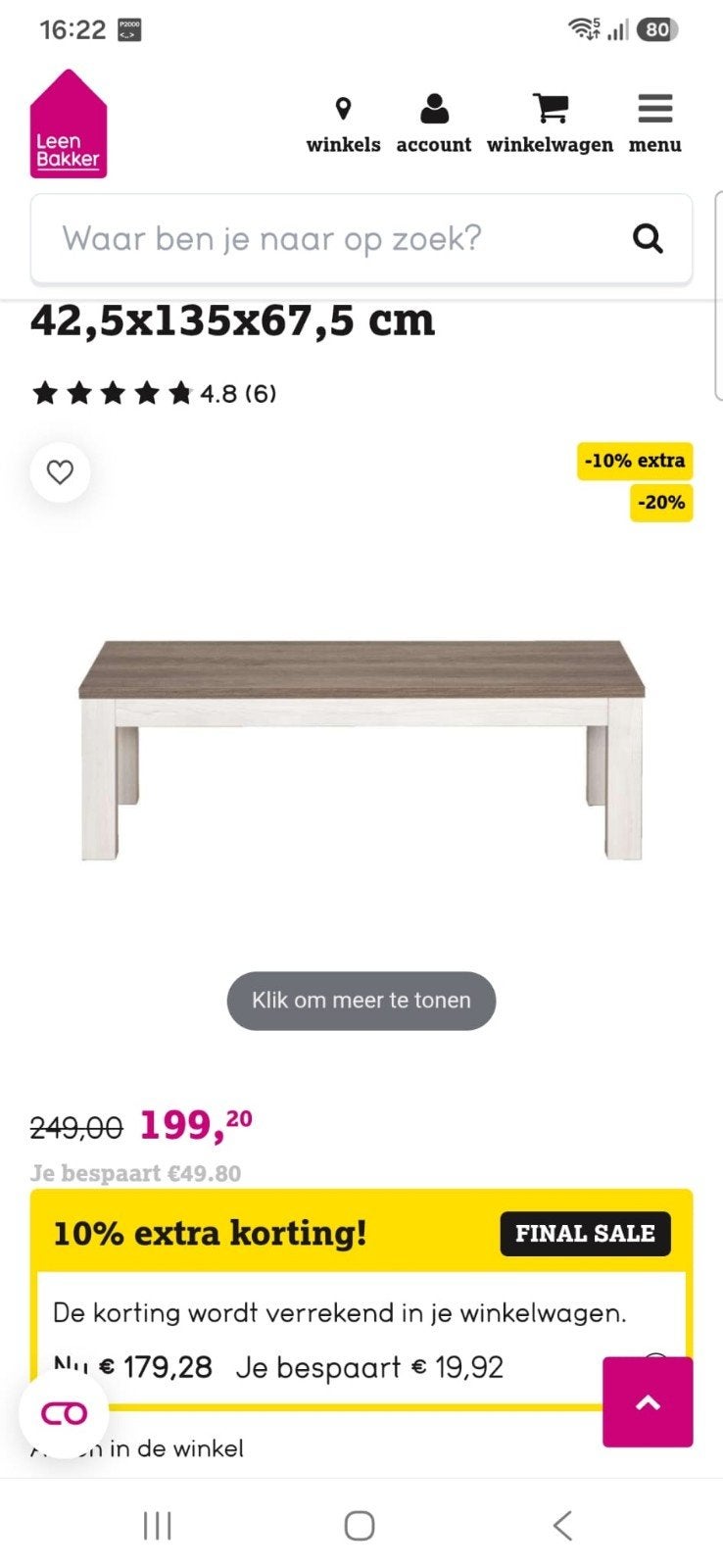 Salontafel Lynn - wit eiken - 42,5x135x67,5 cm, Ophalen, 100 tot 150 cm, Eikenhout, 50 tot 100 cm