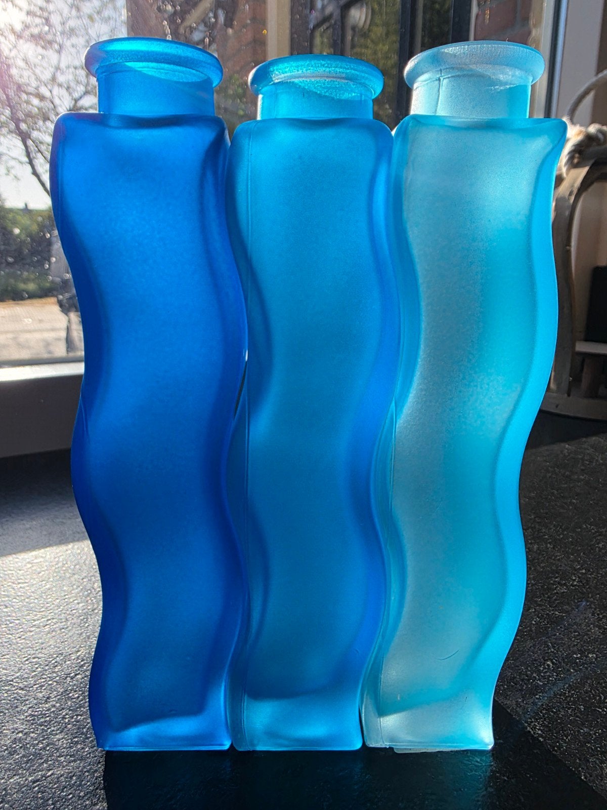Set van 3 Blauwe Glazen Vazen/Flesjes, Ophalen, Blauw, Glas