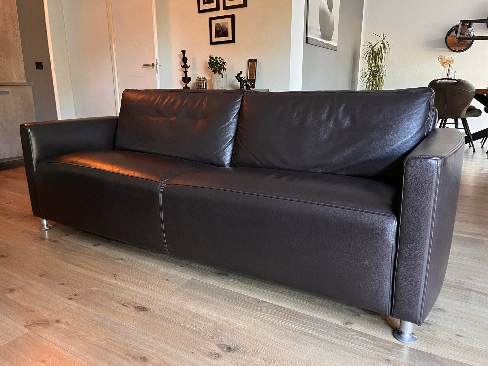 Touche donkerbruine lederen bank en 2 fauteuils, Ophalen, Gebruikt, Driepersoons, Rechte bank