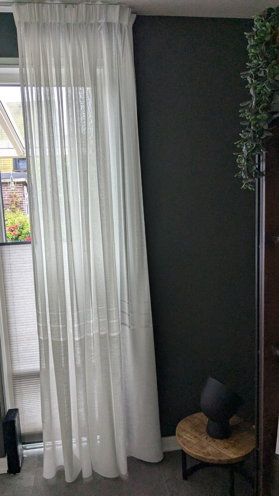 Lichtdoorlatende vitrage gordijnen - ecru, Vitrage, Gebruikt, 110 cm, Ophalen of Verzenden