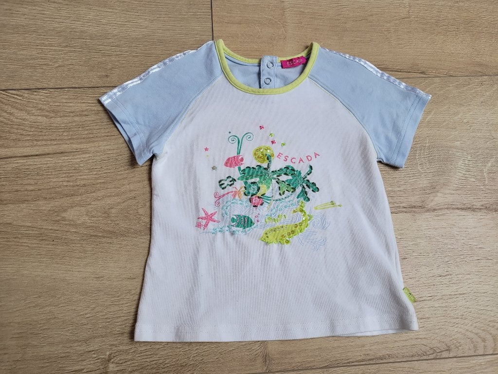 ESCADA wit blauw T-shirt met opdruk maat 81 ~ BL2007, Meisje, Ophalen of Verzenden, Zo goed als nieuw, Escada