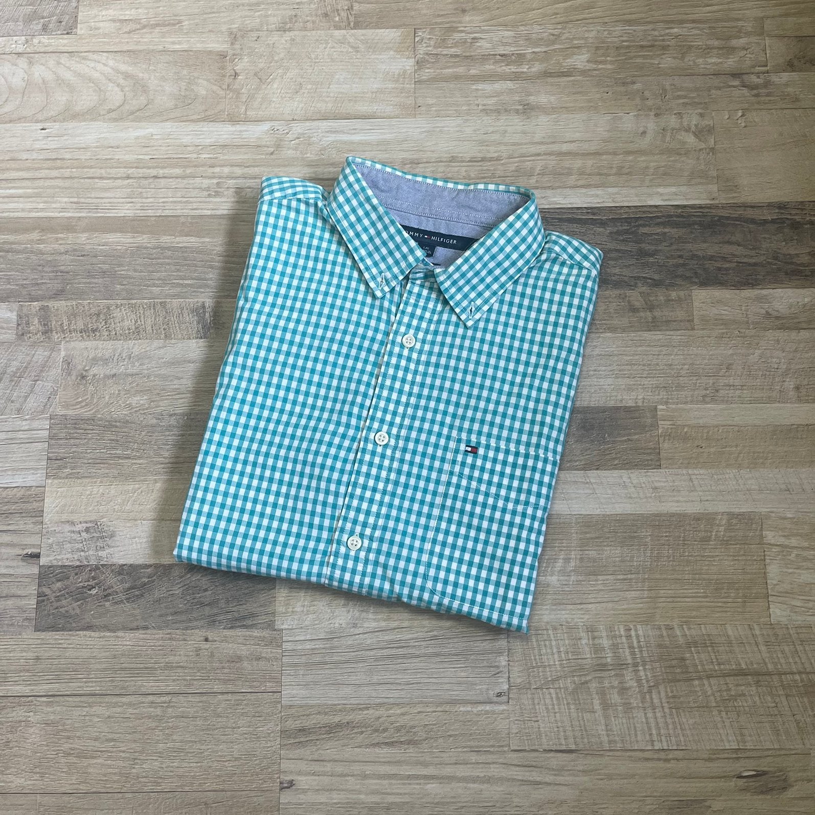 Tommy Hilfiger overhemd classic fit turquoise - maat L, Kleding | Heren, Overhemden, Verzenden, Zo goed als nieuw, Groen, Halswijdte 41/42 (L)