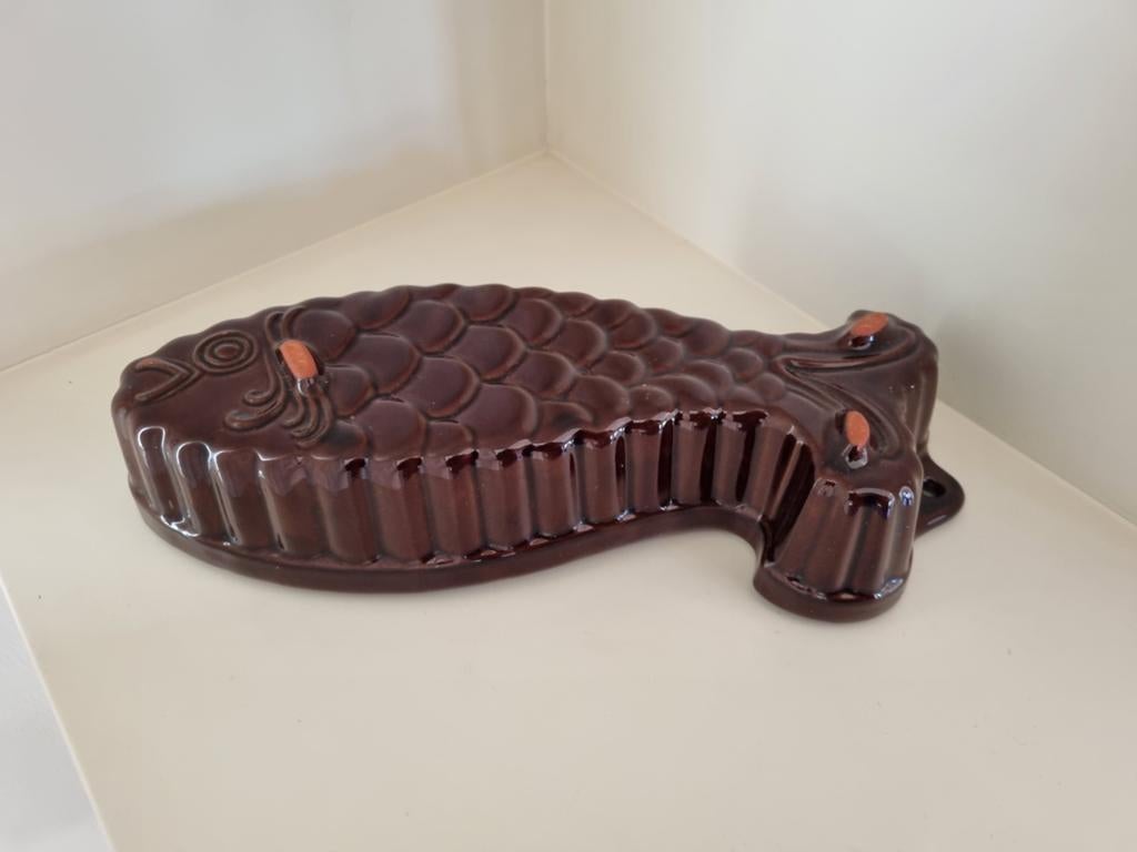 Antieke brocante bruin geglazuurde puddingvorm vis, Ophalen of Verzenden, Zo goed als nieuw, Bruin