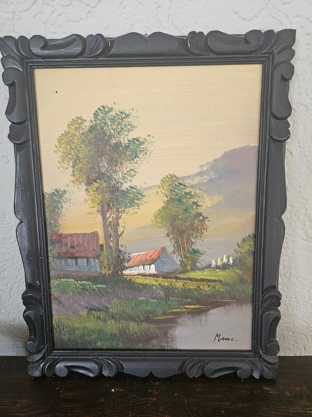 Schilderij met landschap en boerderijen, gesigneerd, Ophalen