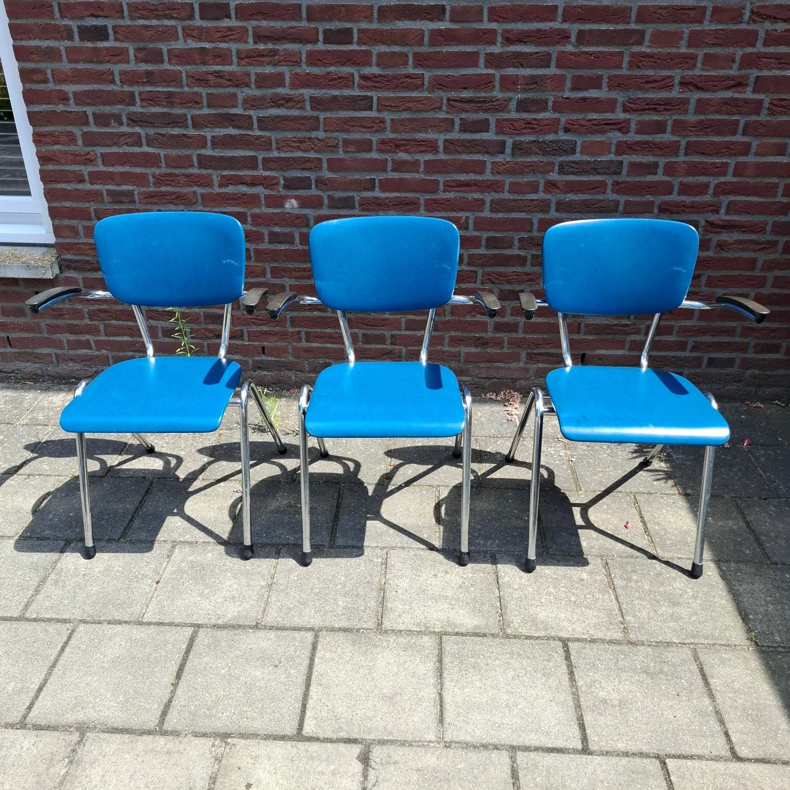 3x Retro stoelen met chroom en blauwe zitting, Ophalen, Gebruikt, Drie, Blauw