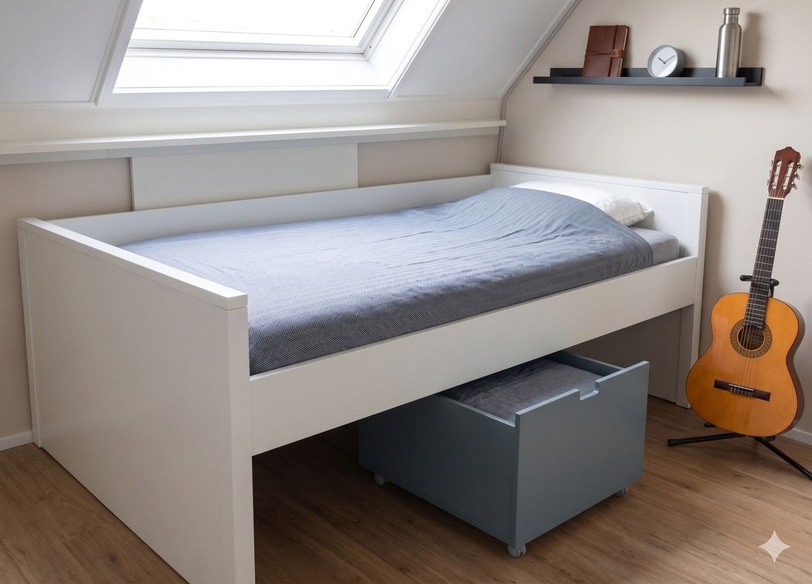 Wit Bopita Timo kinderbed met opberglade, bedplank en trap, Lattenbodem, 85 tot 100 cm, Gebruikt, Ophalen of Verzenden